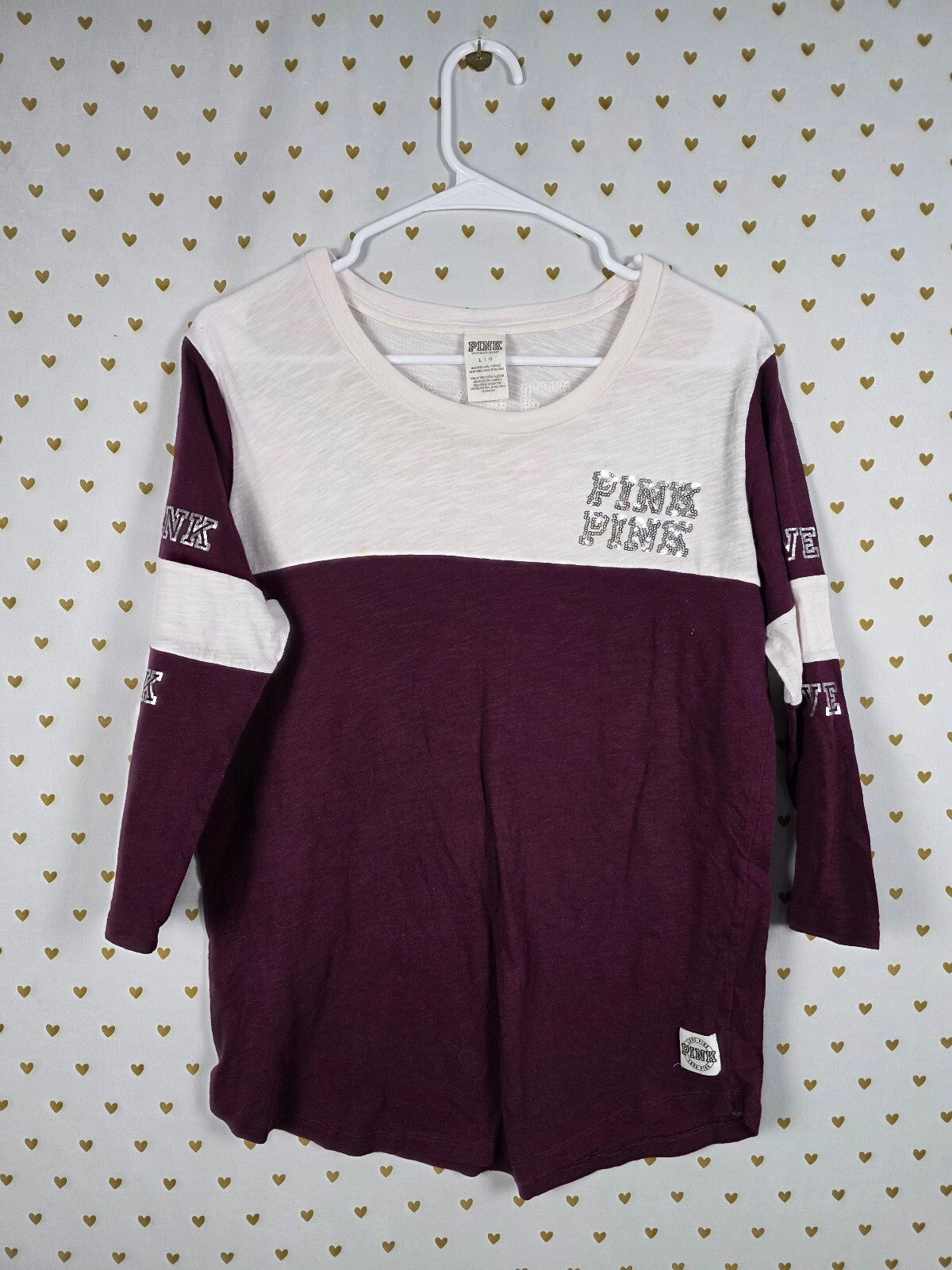 Victorias Secret PINK Large Sequin Bling Tee shirt Colorblock Maroon