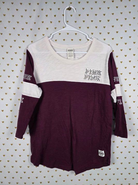 Victorias Secret PINK Large Sequin Bling Tee shirt Colorblock Maroon