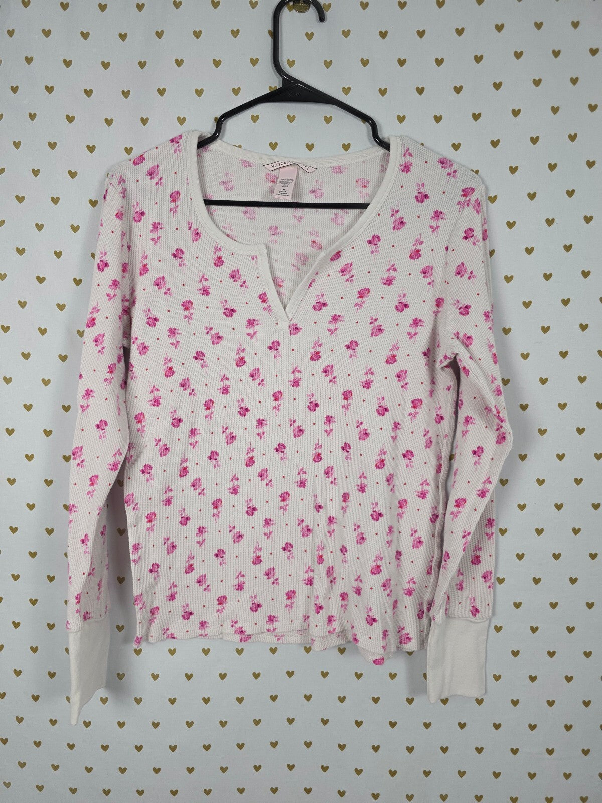 Victorias Secret PINK Floral Waffle Henley Thermal Long Sleeve MEDIUM Shirt