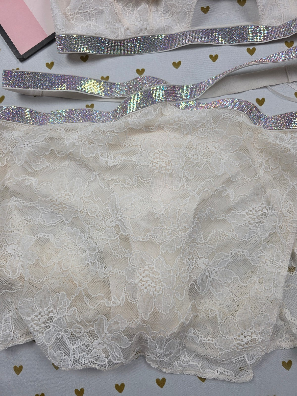 Victoria's Secret Shine Strap Lace Bralette Mini Skirt Set L Rhinestone BLING