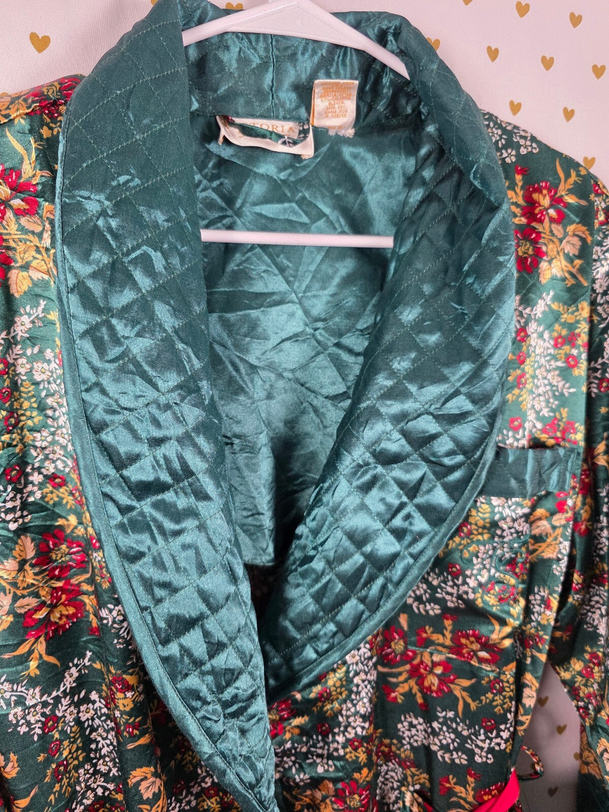 Vintage Victoria's Secret Gold Label Floral Robe P/S Green Quilted Long 80s