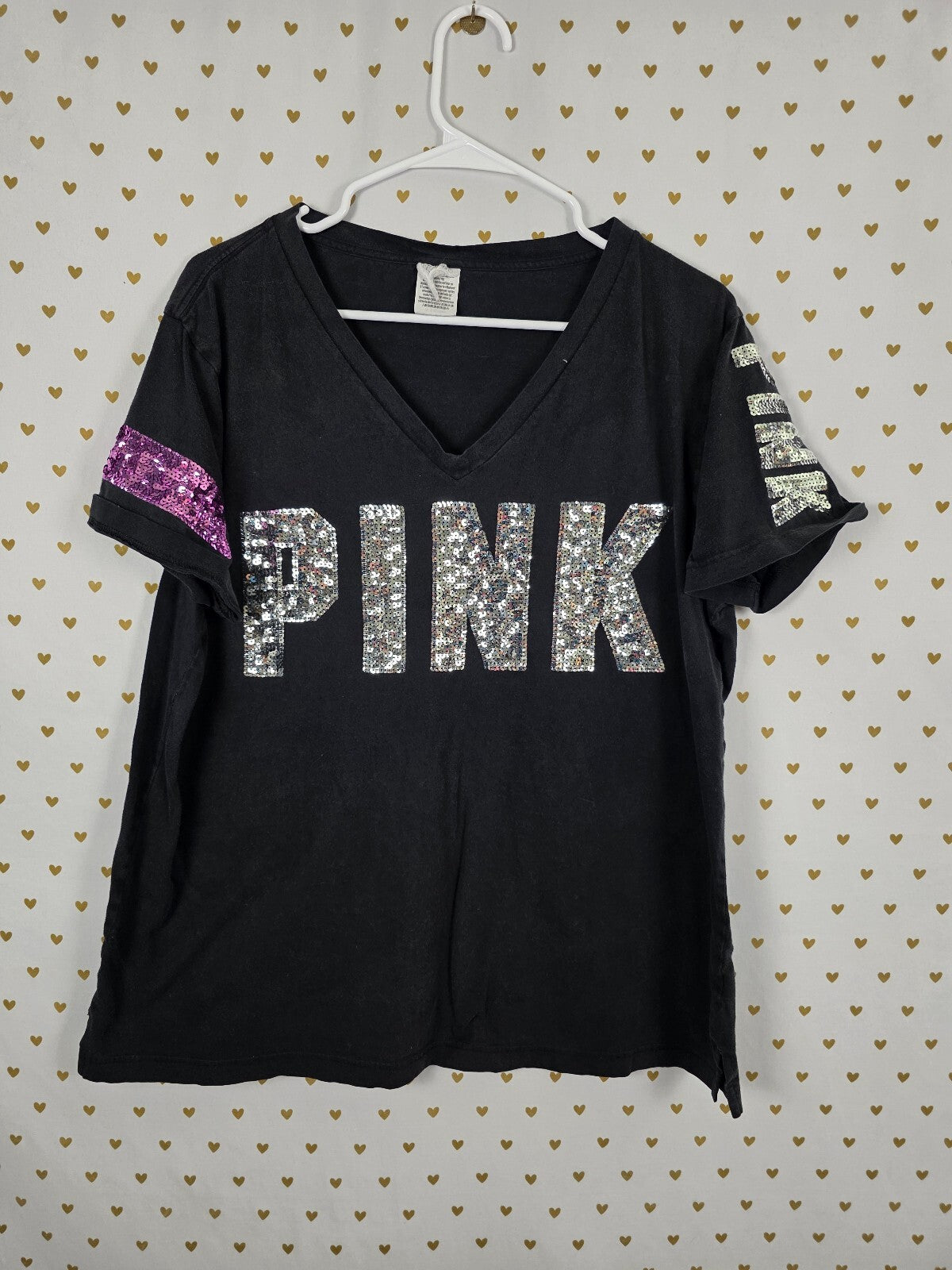 Victorias Secret PINK Black V neck Bling tee shirt Sequined