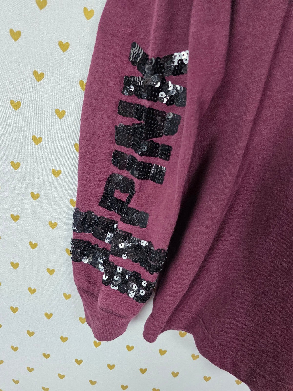 Victorias Secret Pink Maroon Bling Sequined Pullover Hoodie Tee Small