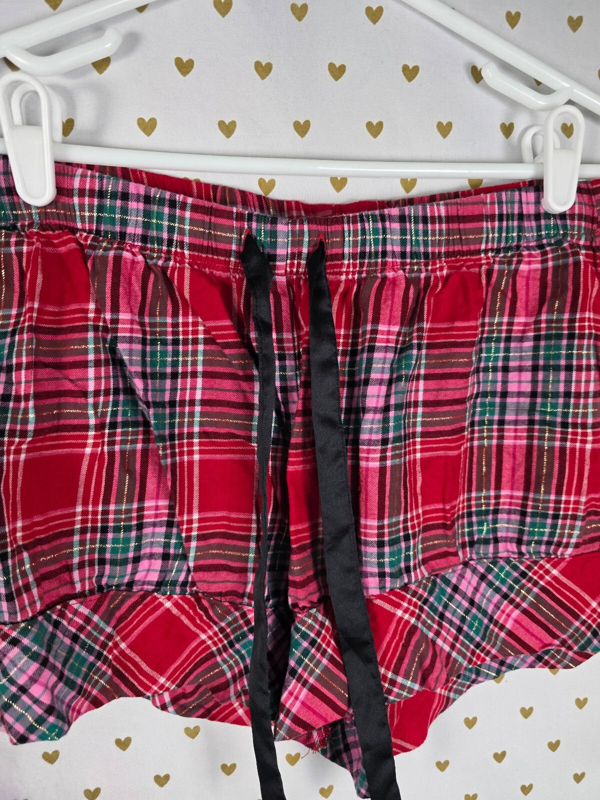 Victoria's Secret Pajama Set S Red Pink Green Plaid Gold Lurex Shorts