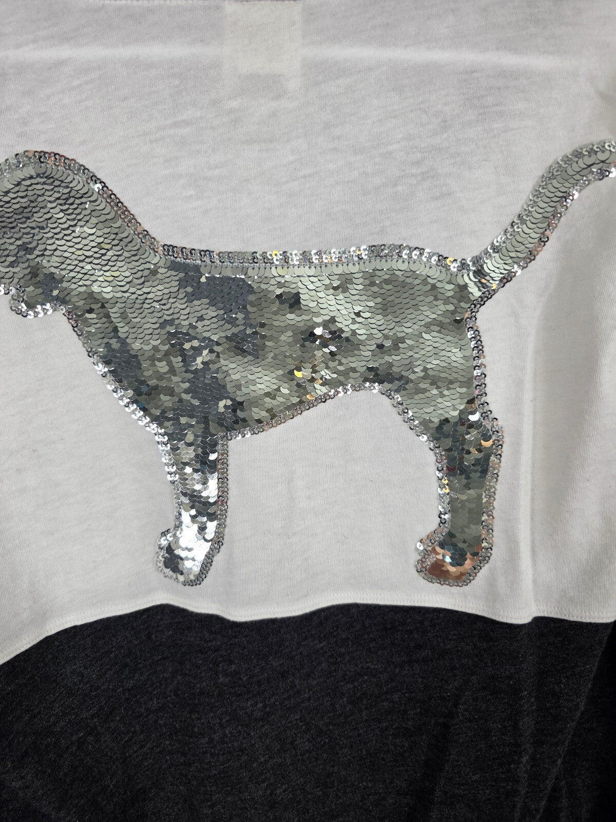 Victorias Secret PINK Dog Logo Bling Sequined Silver Long Sleeve V Neck Tee L