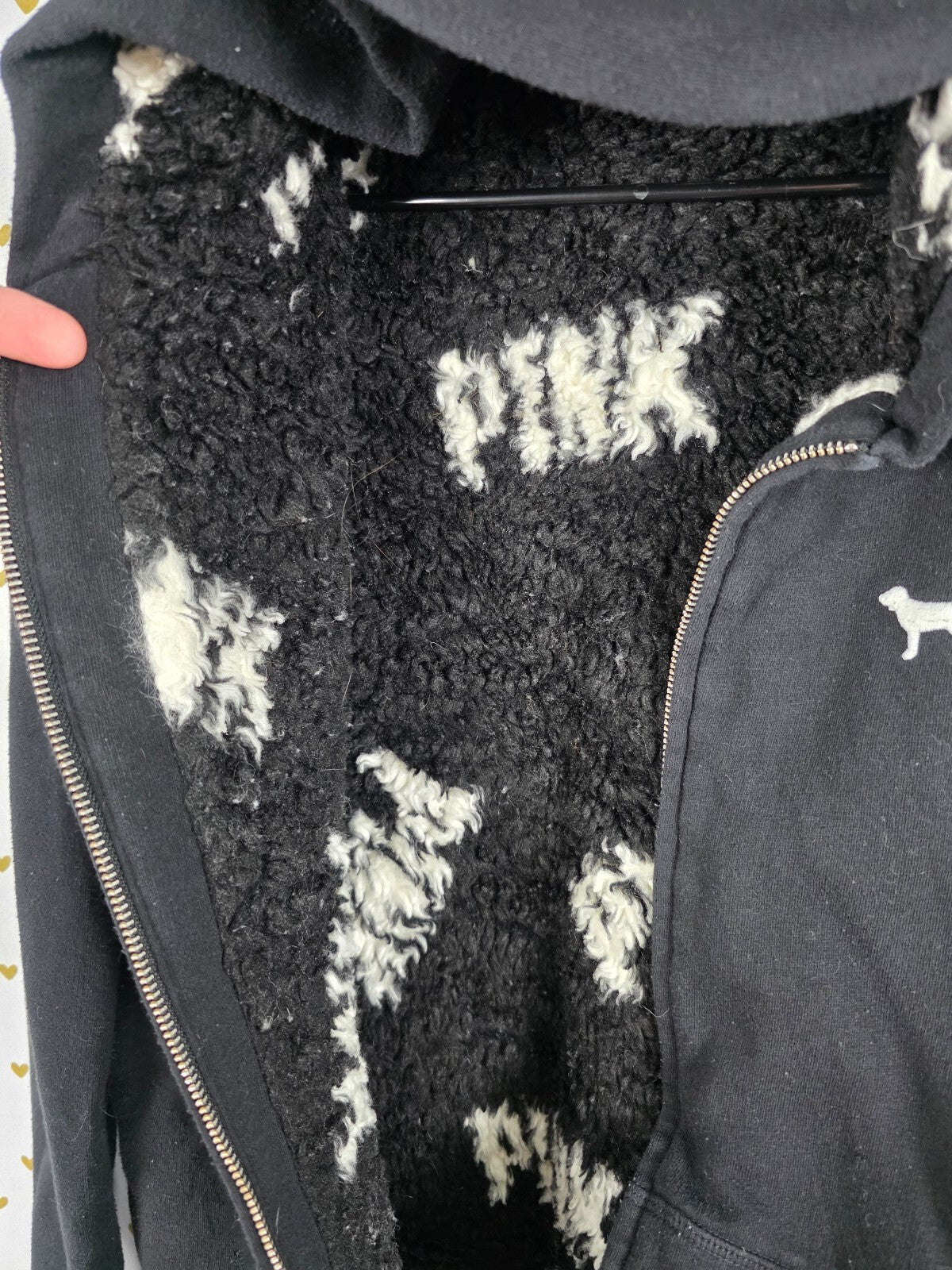 PINK Victoria's Secret Sherpa FUR Lined Hoodie Black Full Zip Logo Jacket Medium