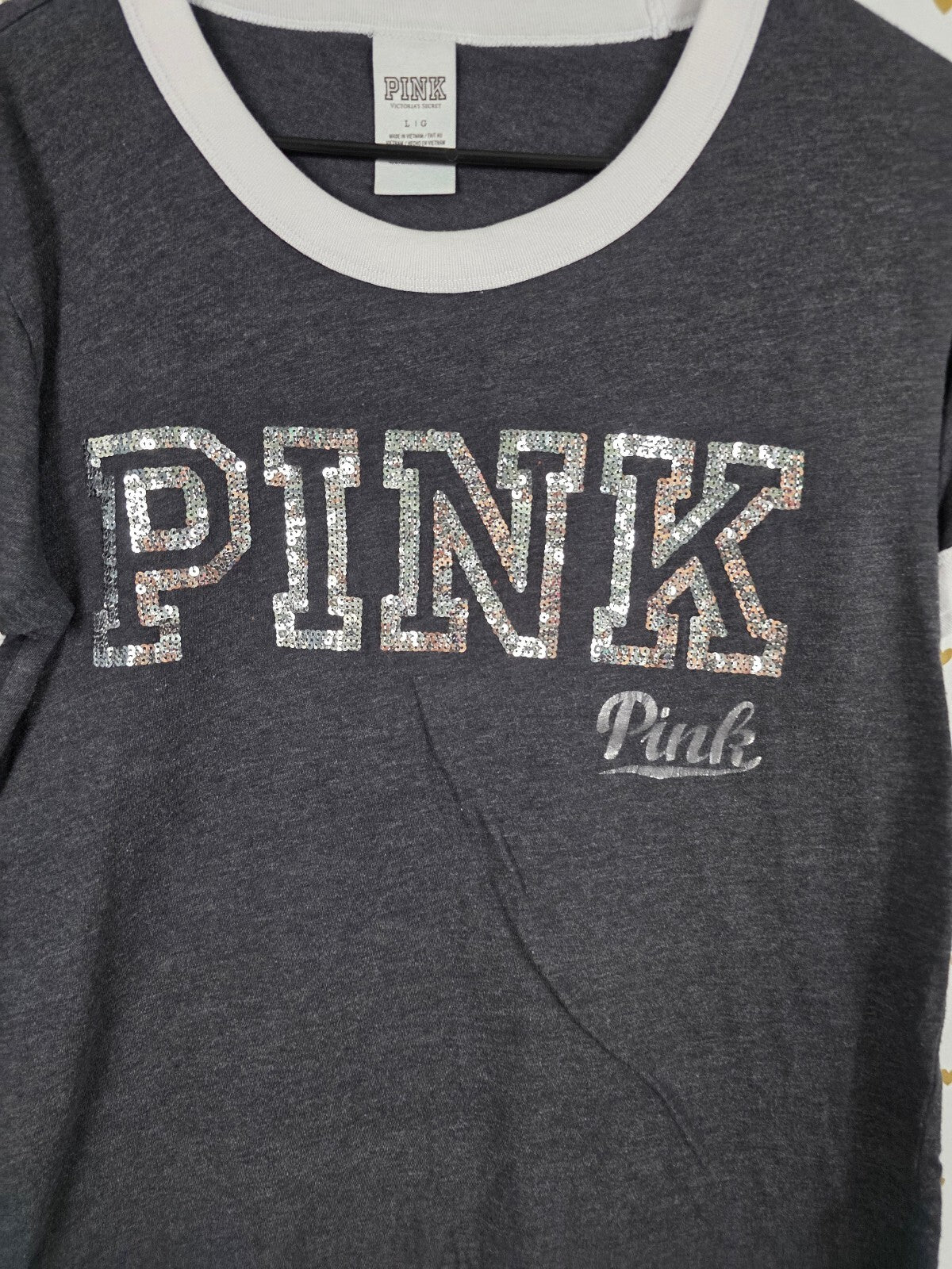 Victorias Secret PINK Grey Bling sequined Logo Tee shirt Large