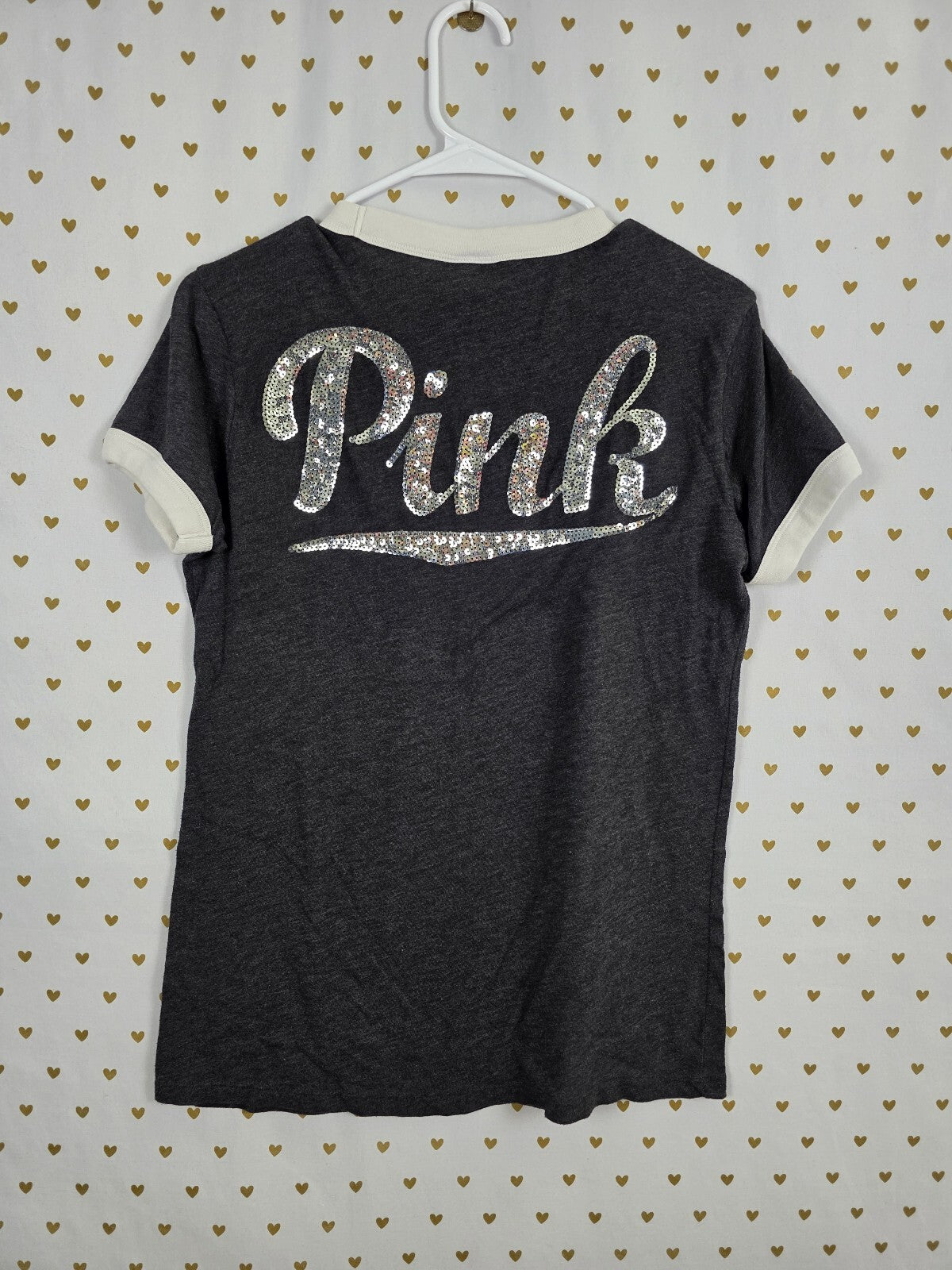 Victorias Secret PINK Grey Bling Sequined Logo Ringer Tee shirt medium