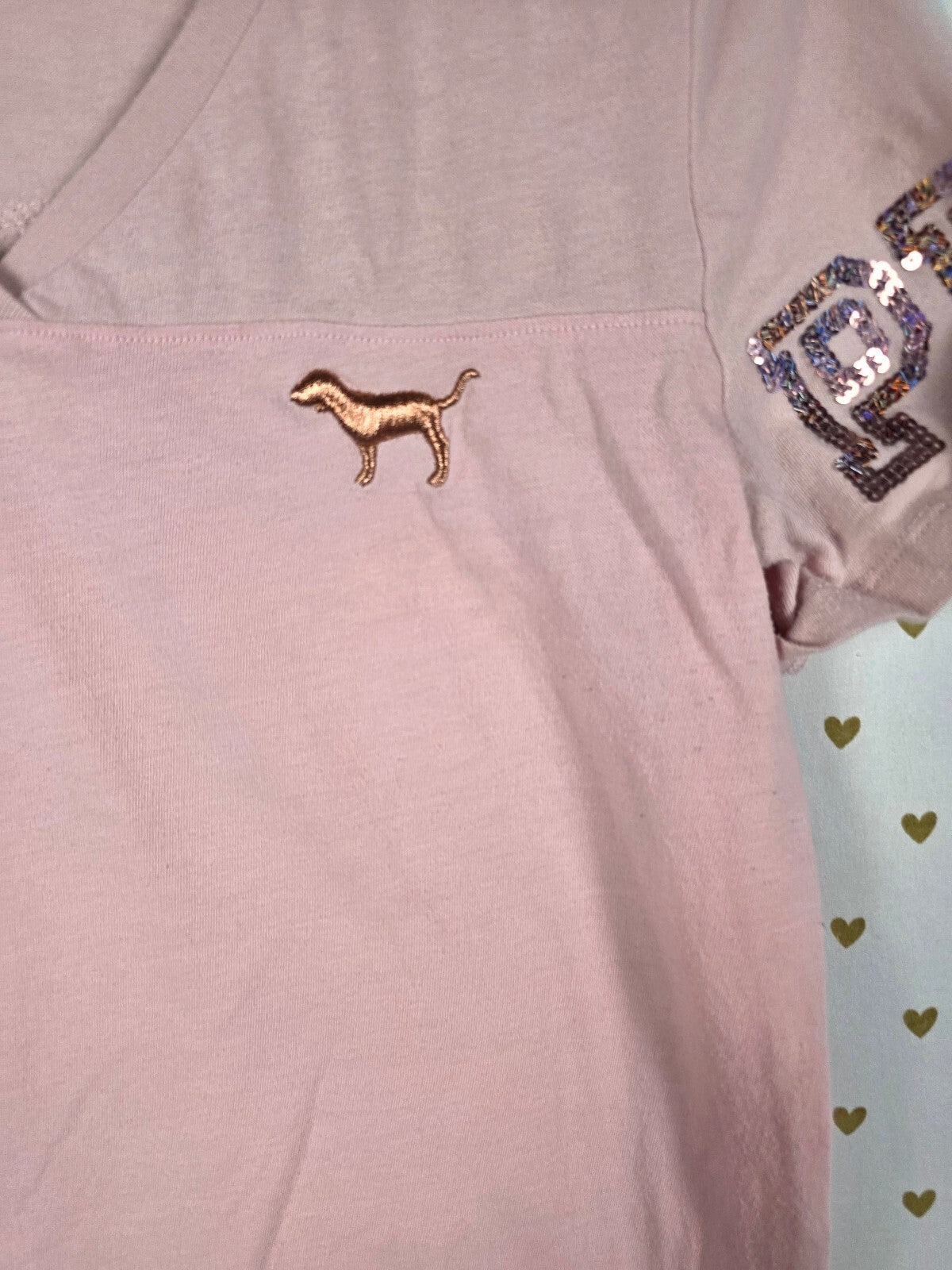 Victorias Secret PINK Dog Logo BLING SEQUIN Short Sleeve Tee Shirt V Neck MED