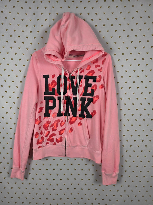 Victoria's Secret PINK Leopard Print LOVE PINK Full Zip Hoodie Pink Large Y2K
