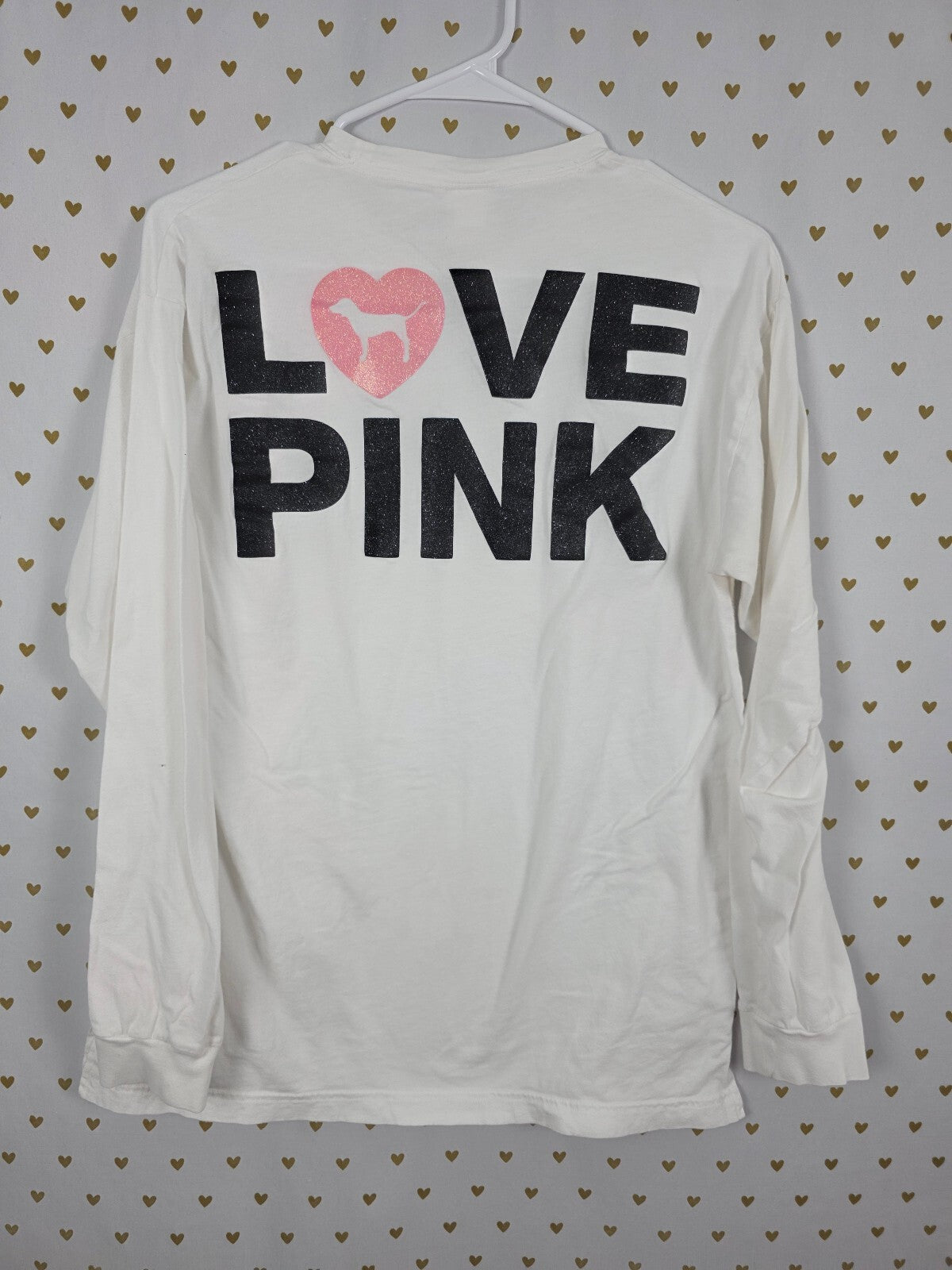 Victorias Secret PINK Campus Originals glitter Logo Long Sleeve Tee Shirt MEDIUM