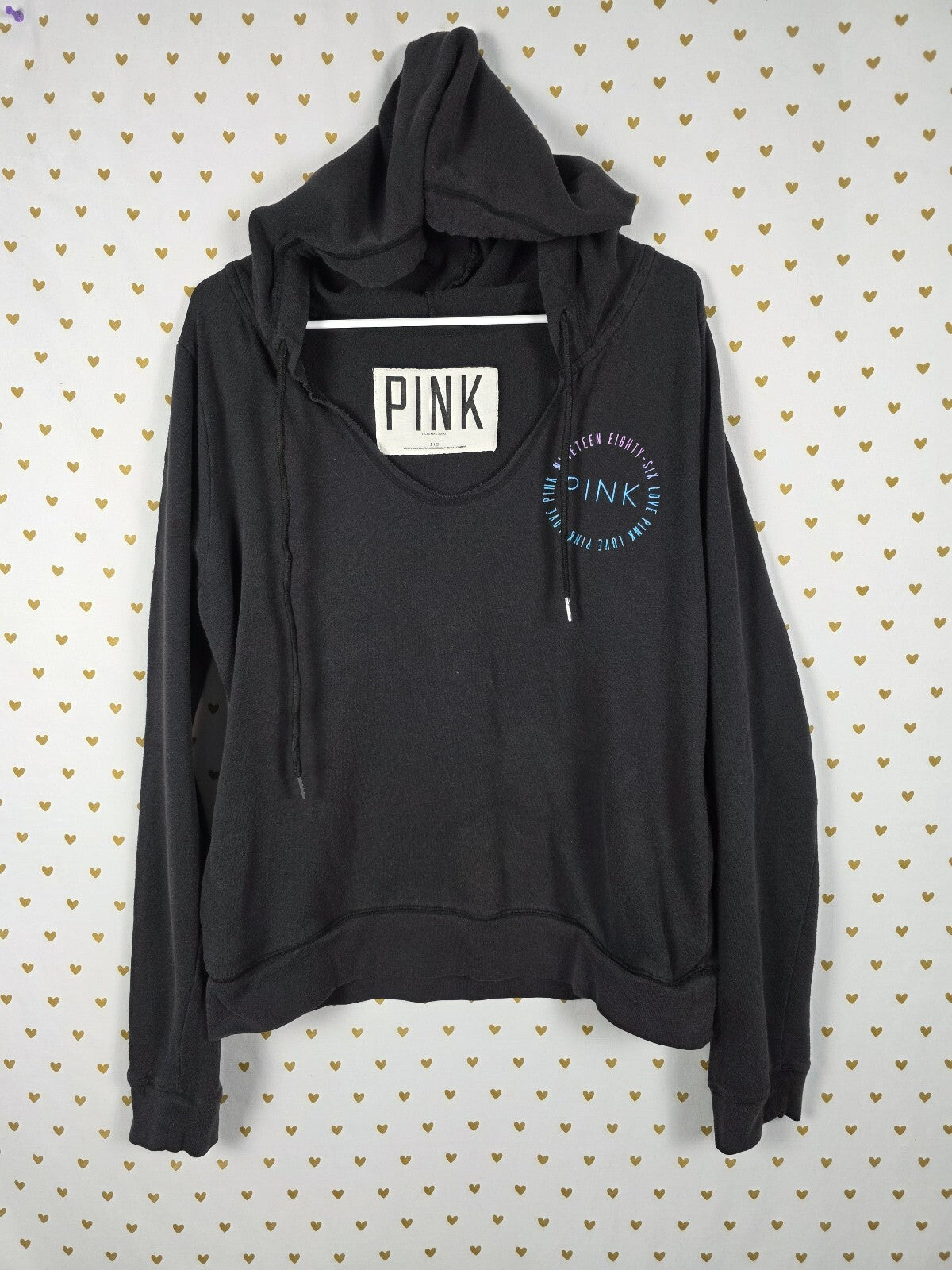 Victorias Secret Pink Pullover V neck hoodie tee shirt Logo Thin Black LARGE