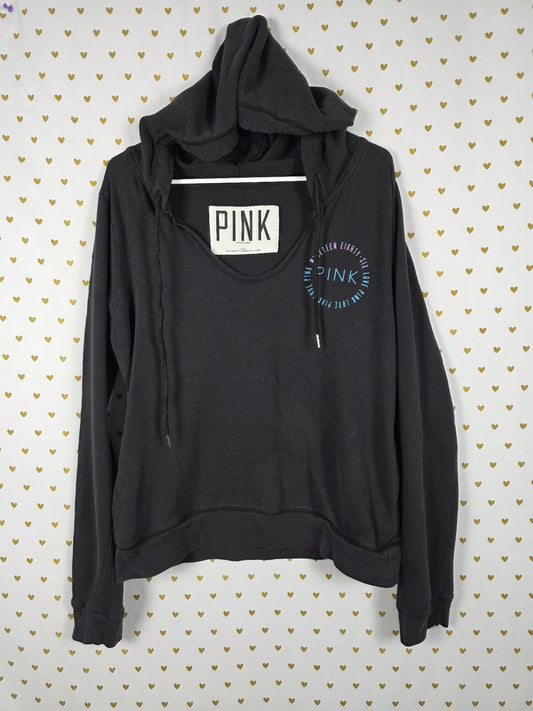 Victorias Secret Pink Pullover V neck hoodie tee shirt Logo Thin Black LARGE