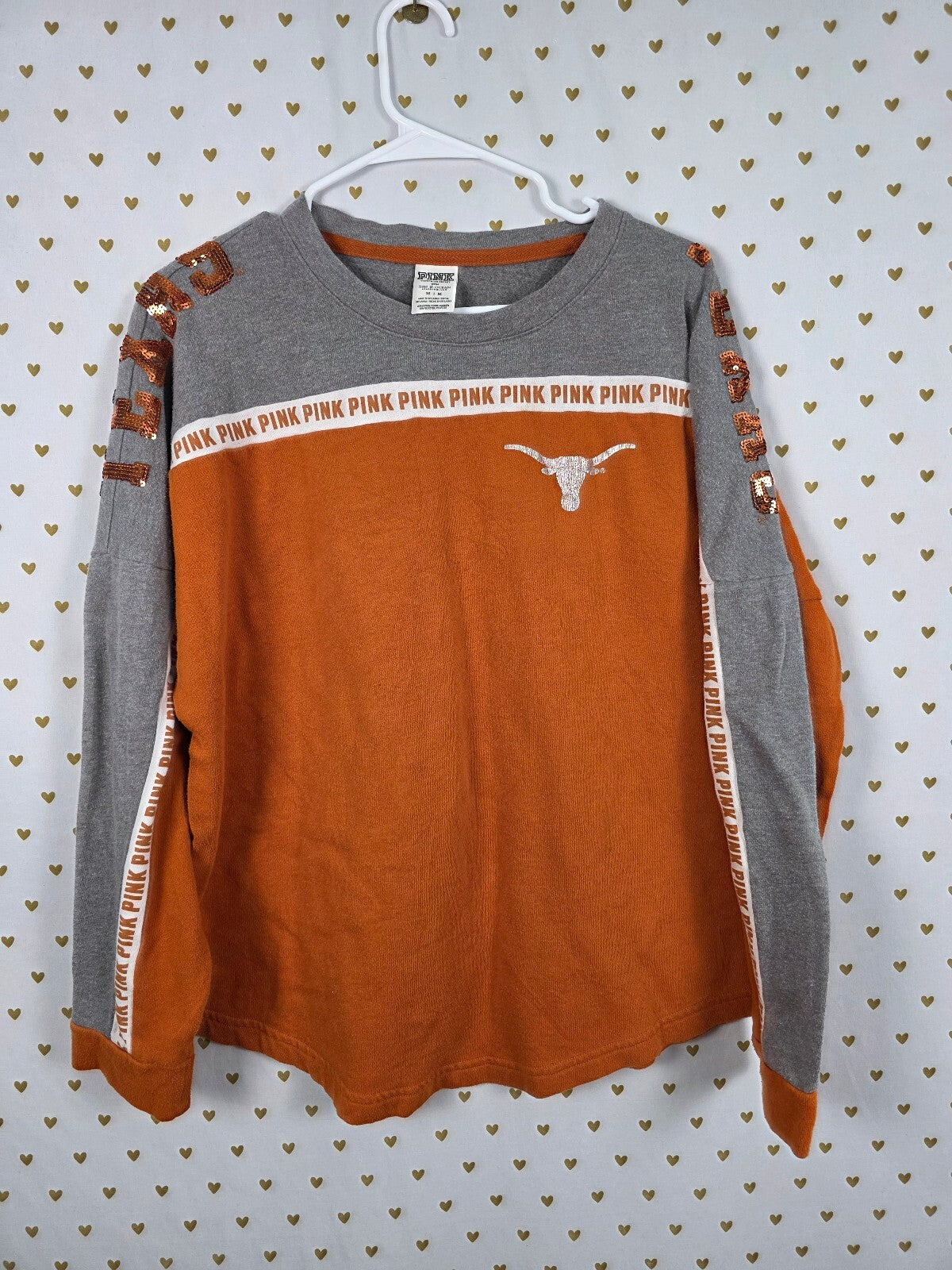 Victorias Secret Pink Texas Longhorns BLING Sequined Logo Sweater Shirt Medium