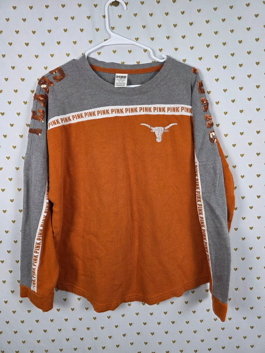 Victorias Secret Pink Texas Longhorns BLING Sequined Logo Sweater Shirt Medium
