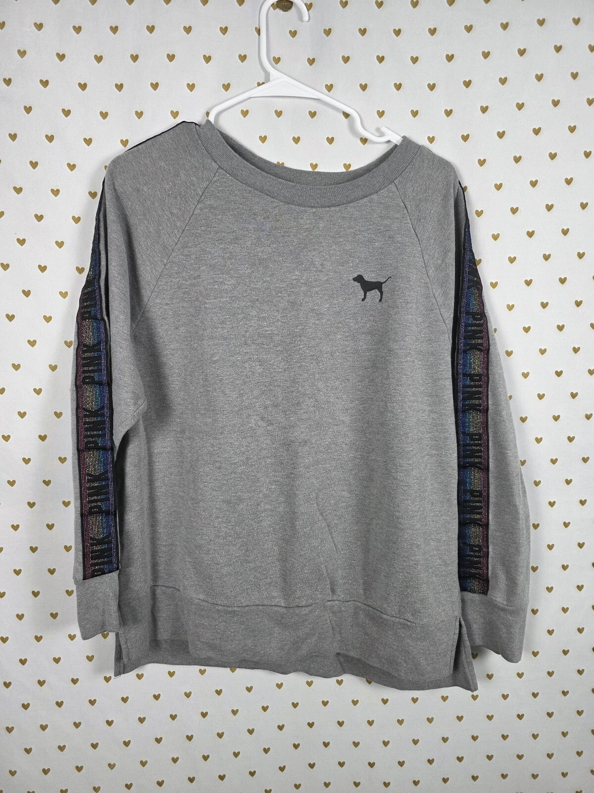 Victorias Secret Pink RAINBOW Crest Logo Sweater Crew Grey MEDIUM