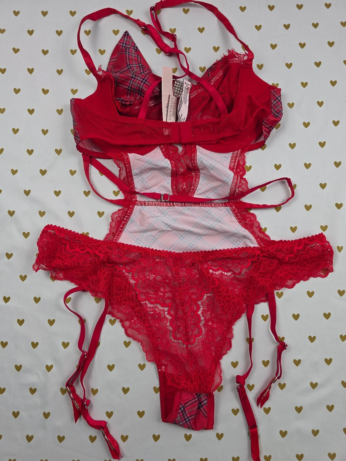 NWT Victoria's Secret Very Sexy Red Plaid Bow Lace Teddy Lingerie M NEW Bodysuit