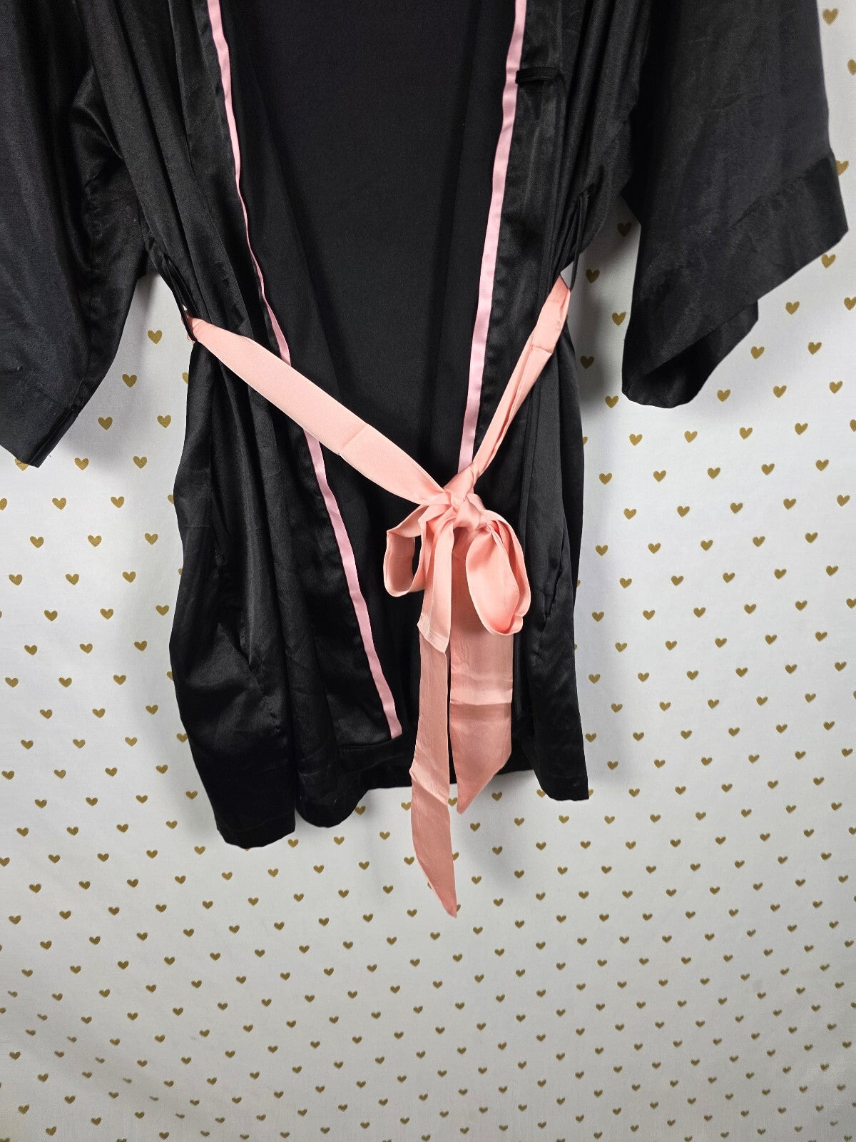 Victorias Secret Satin Silky Robe Black Pink Lounge Kimono Wrap Small Med pocket
