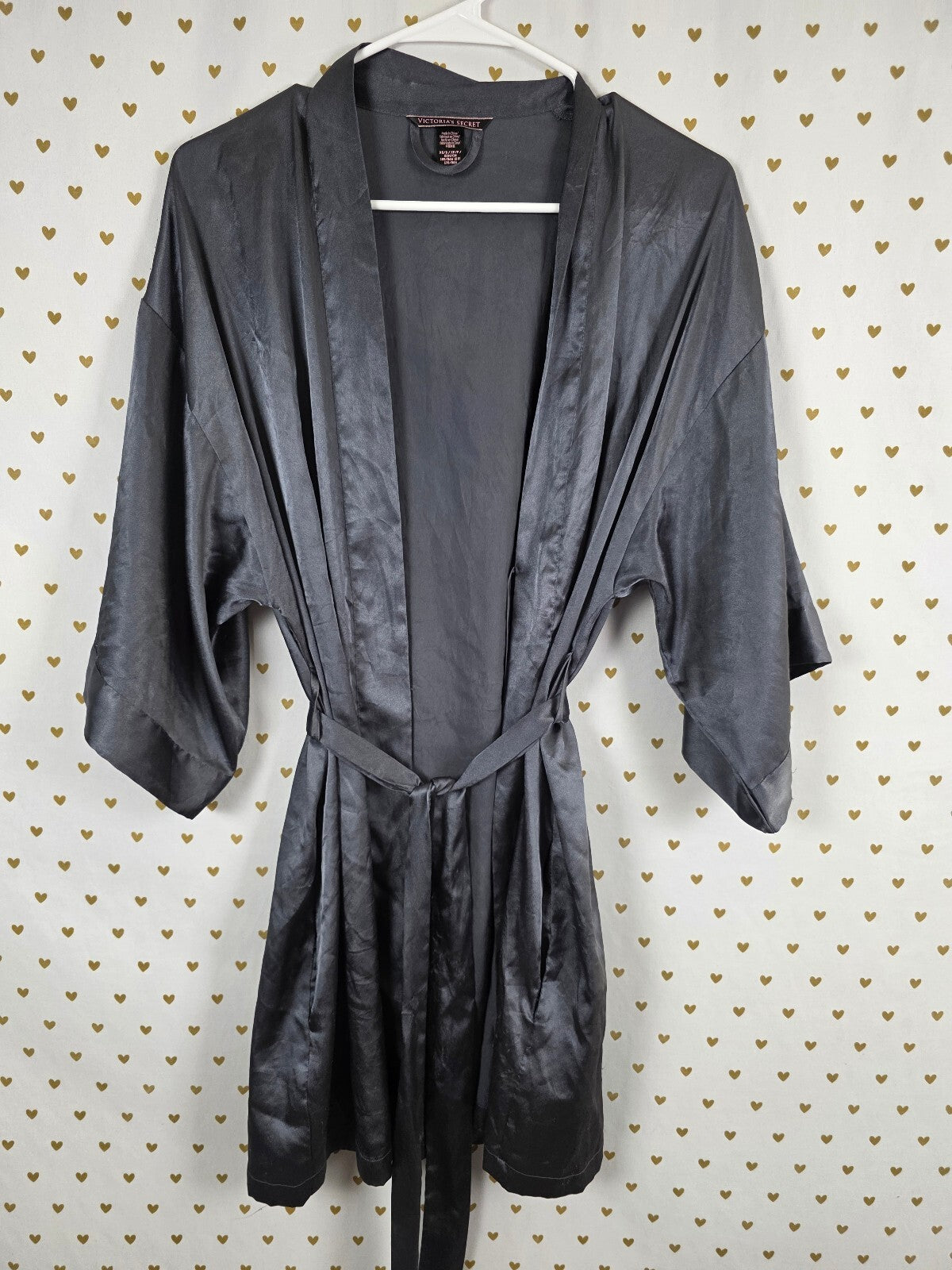Victorias Secret Satin Silky Robe Black XS Small Pockets Kimono Lounge