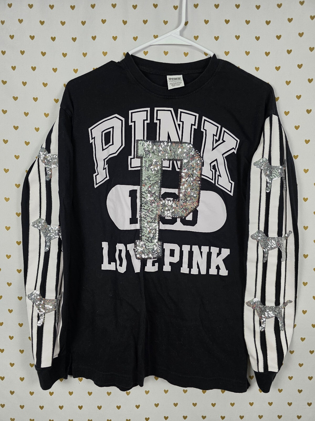 Victorias Secret PINK BLING Silver Dog Logo Long sleeve tee shirt XS Oversized