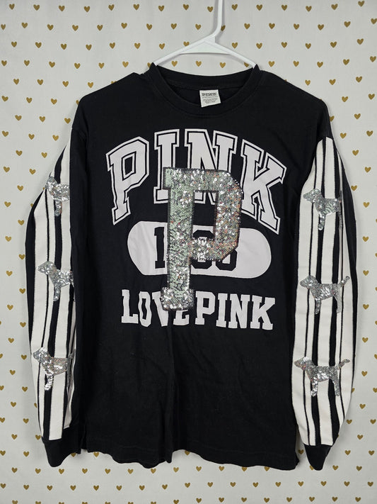 Victorias Secret PINK BLING Silver Dog Logo Long sleeve tee shirt XS Oversized