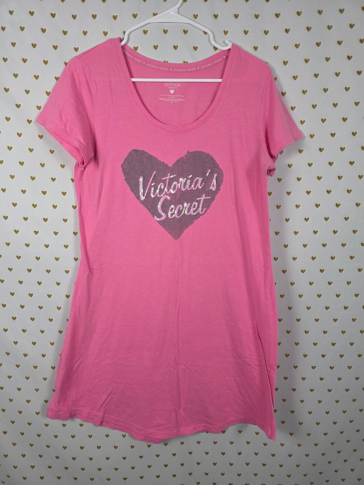 Victorias Secret Vintage Bling Heart Cotton Nightgown Sleep Dress Pajama LARGE