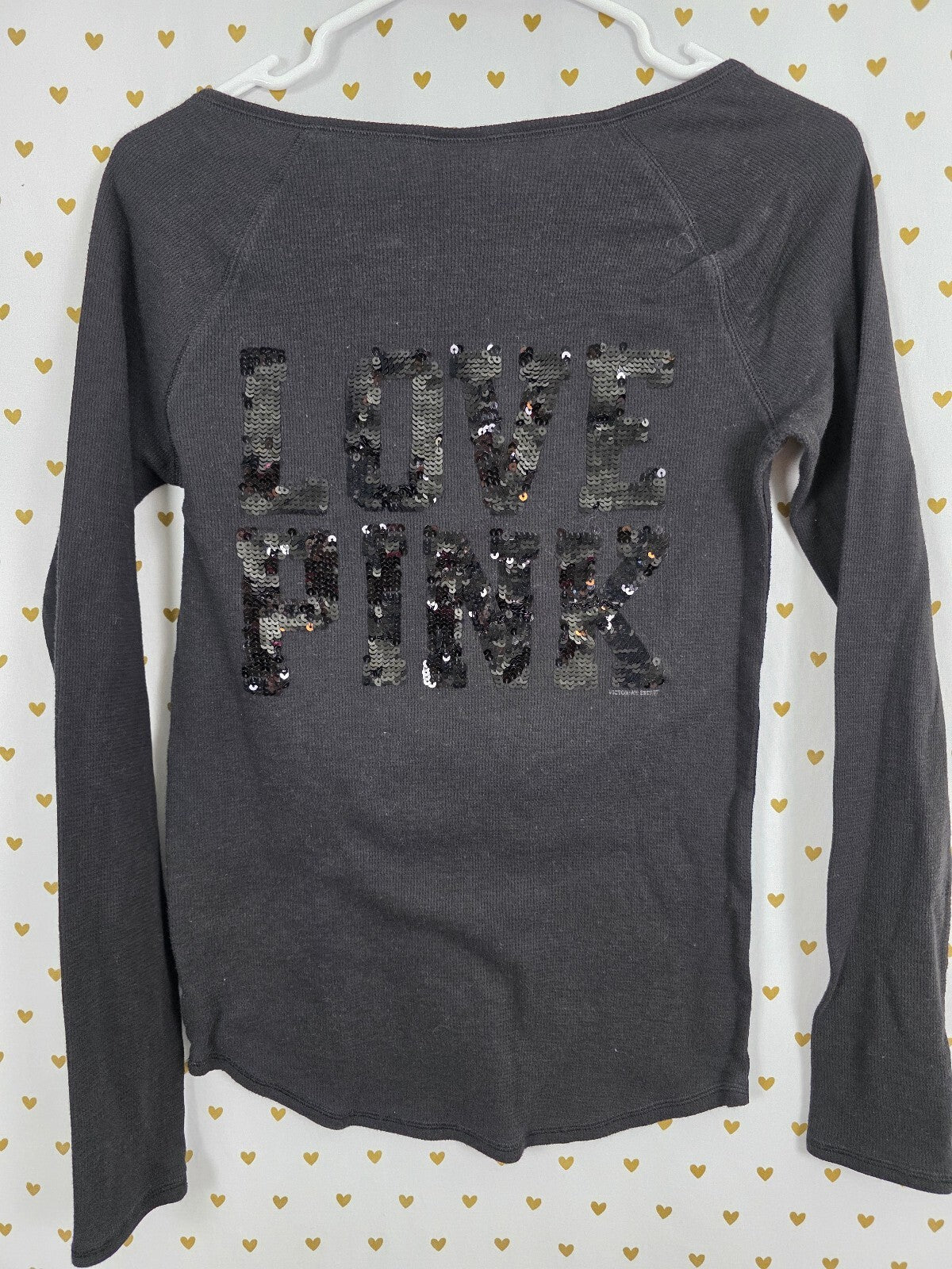 Victoria’s Secret PINK LOVE PINK Sequin Thermal Henley Top L Black Y2K