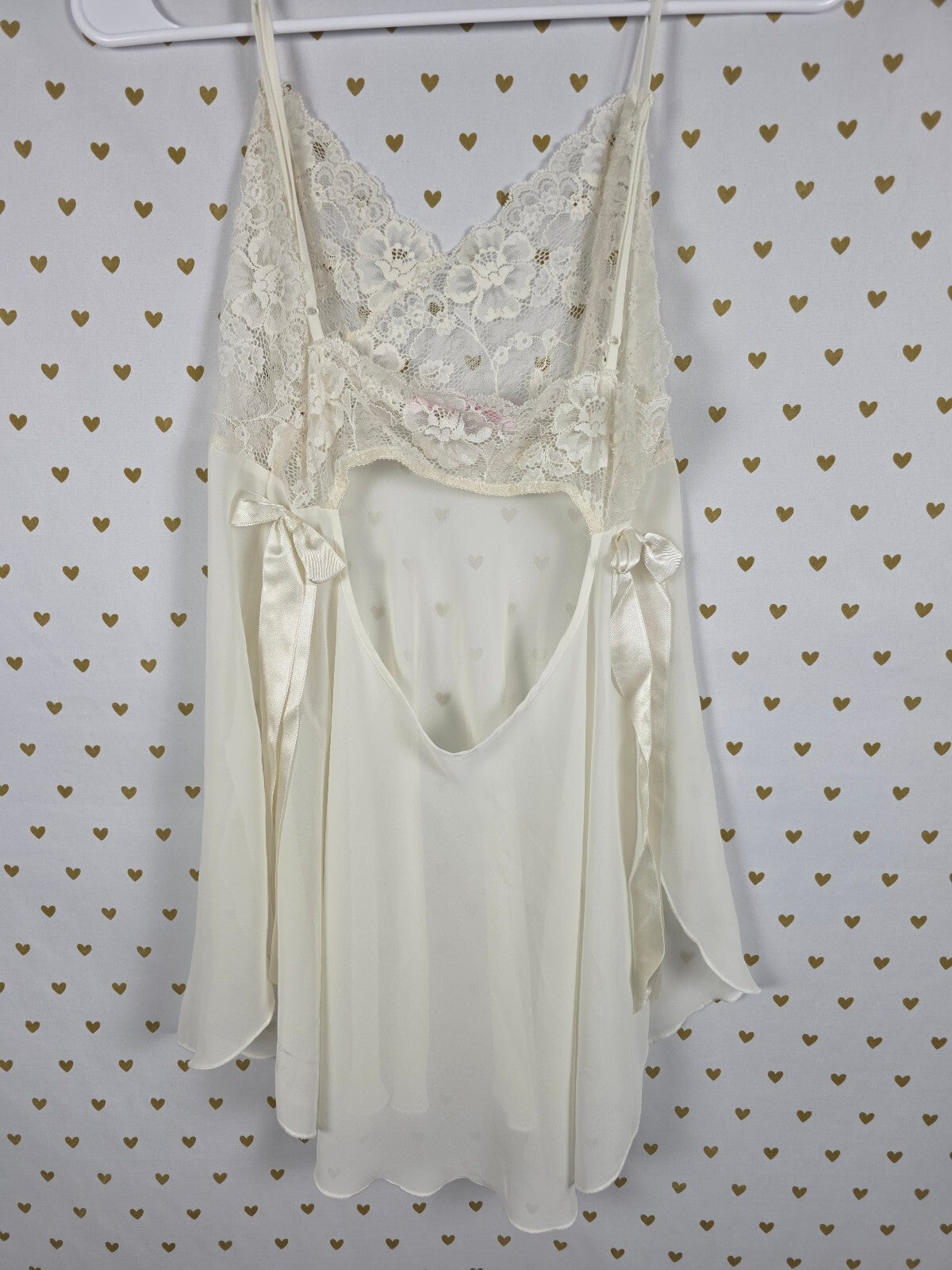 Vintage 1999 Victoria's Secret Ivory Lace Open Back Babydoll Chemise M Y2K
