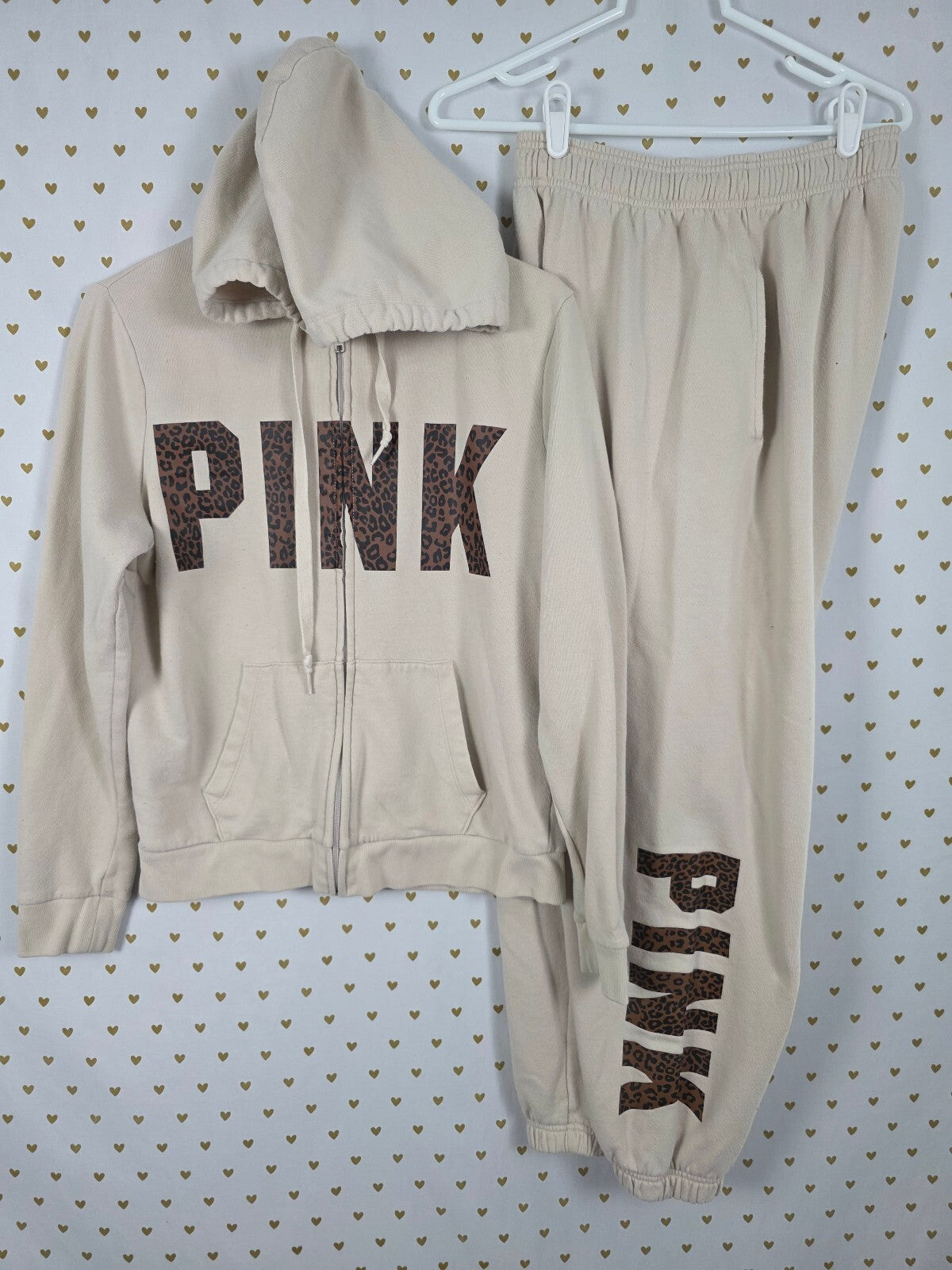 Victorias Secret Pink Cheetah Leopard Full Zip Hoodie Sweats SET 2pc Outfit SM M