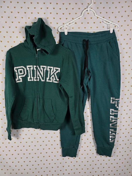 Victorias Secret Pink Green Logo Full Zip Hoodie Sweater Sweats Sweatpants MED
