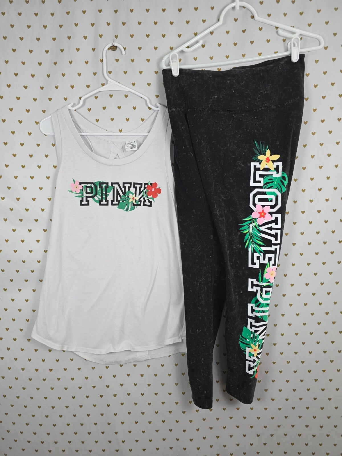 Victorias Secret PINK Vintage Hawaiian Open Back Tank Yoga Pants SET Outfit L