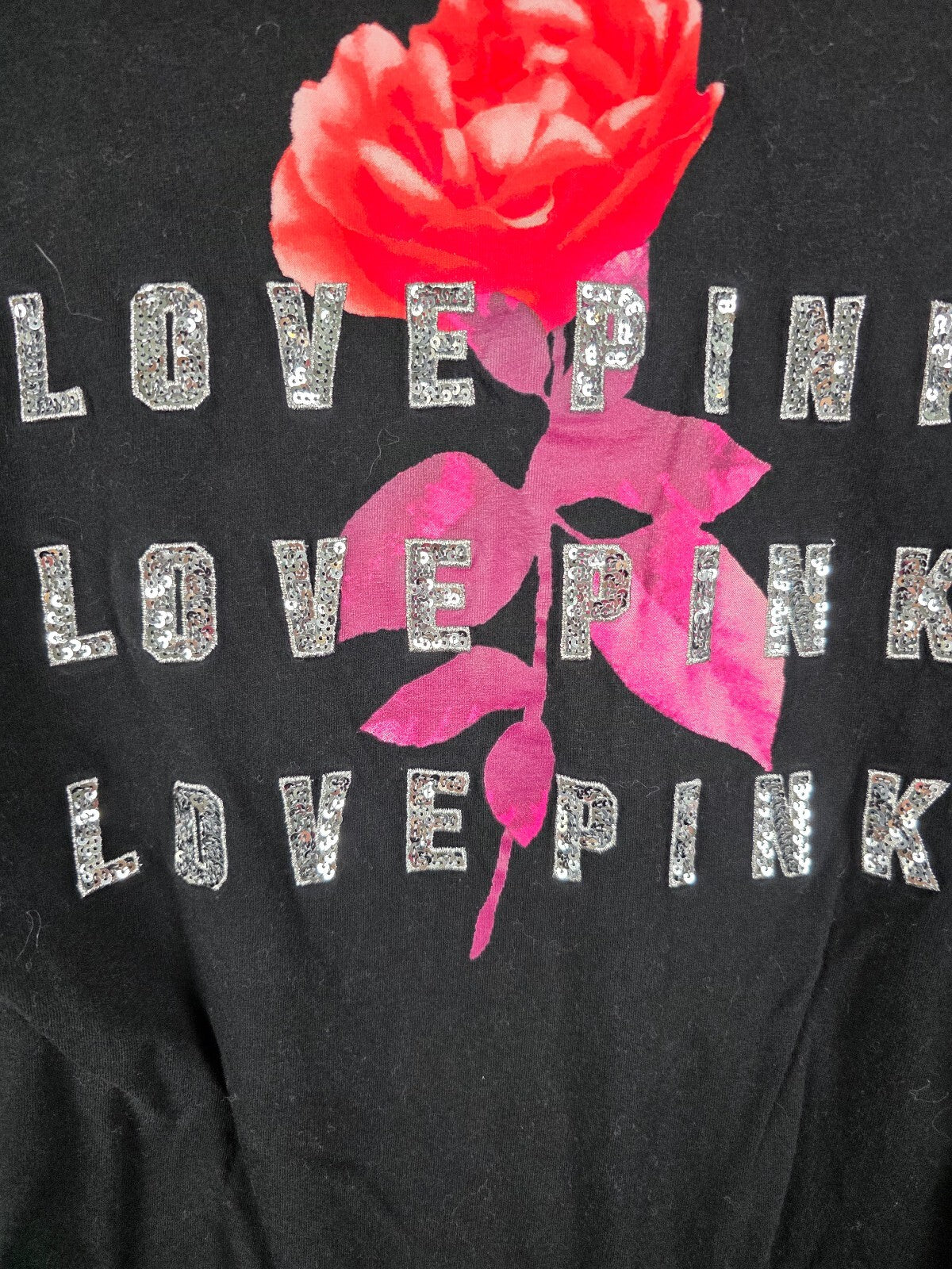 Victorias Secret PINK Rose BLING Sequined Logo XL Long Sleeve Tee shirt