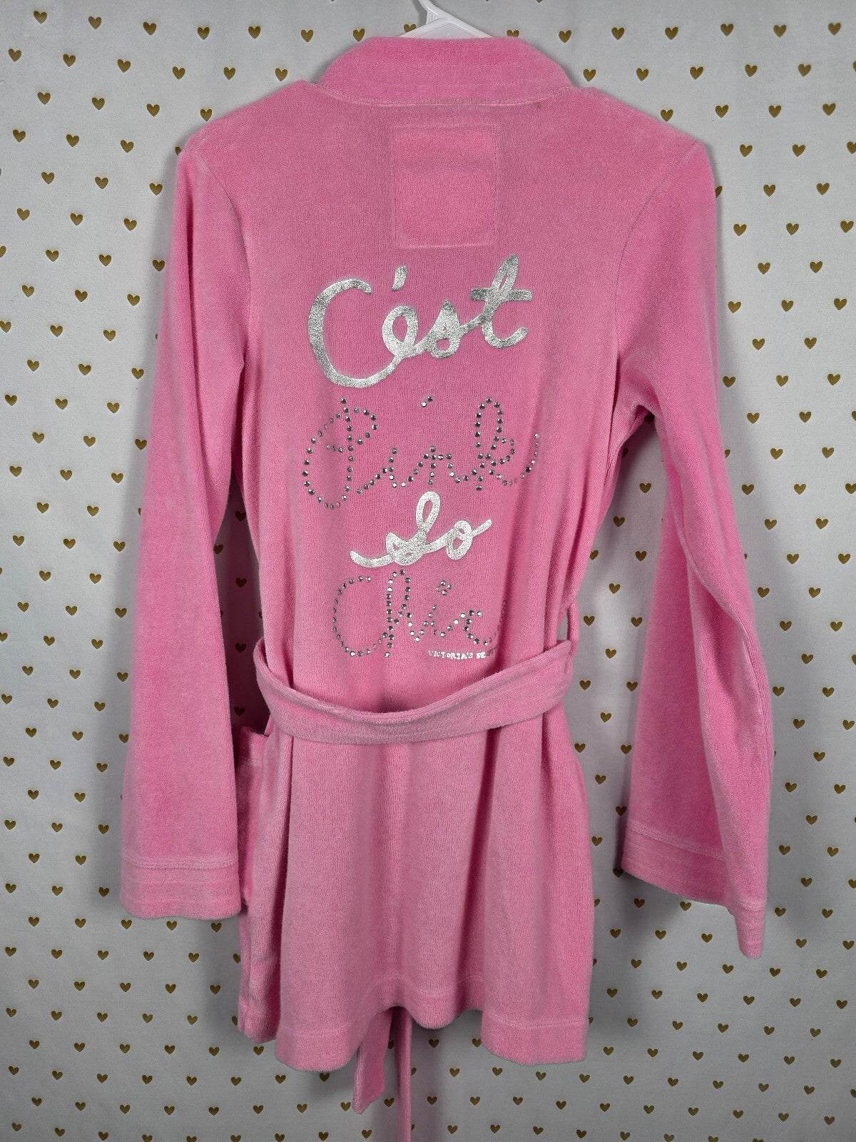 Vintage Victoria's Secret PINK 2008 Pink Velour Rhinestone Robe C'est Chic Xs SM