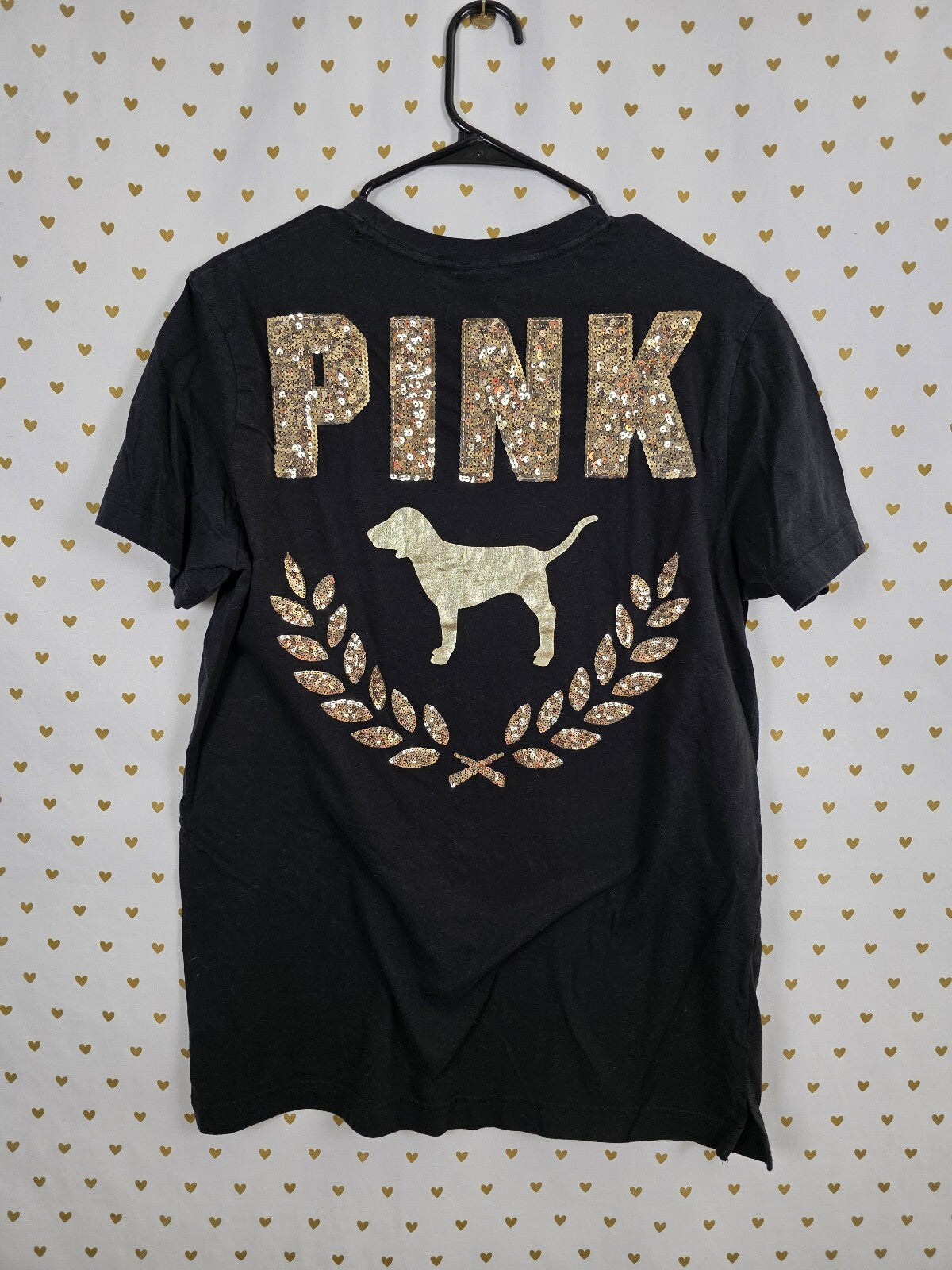 Victorias Secret PINK Gold Bling sequined Crest Black tee shirt Medium