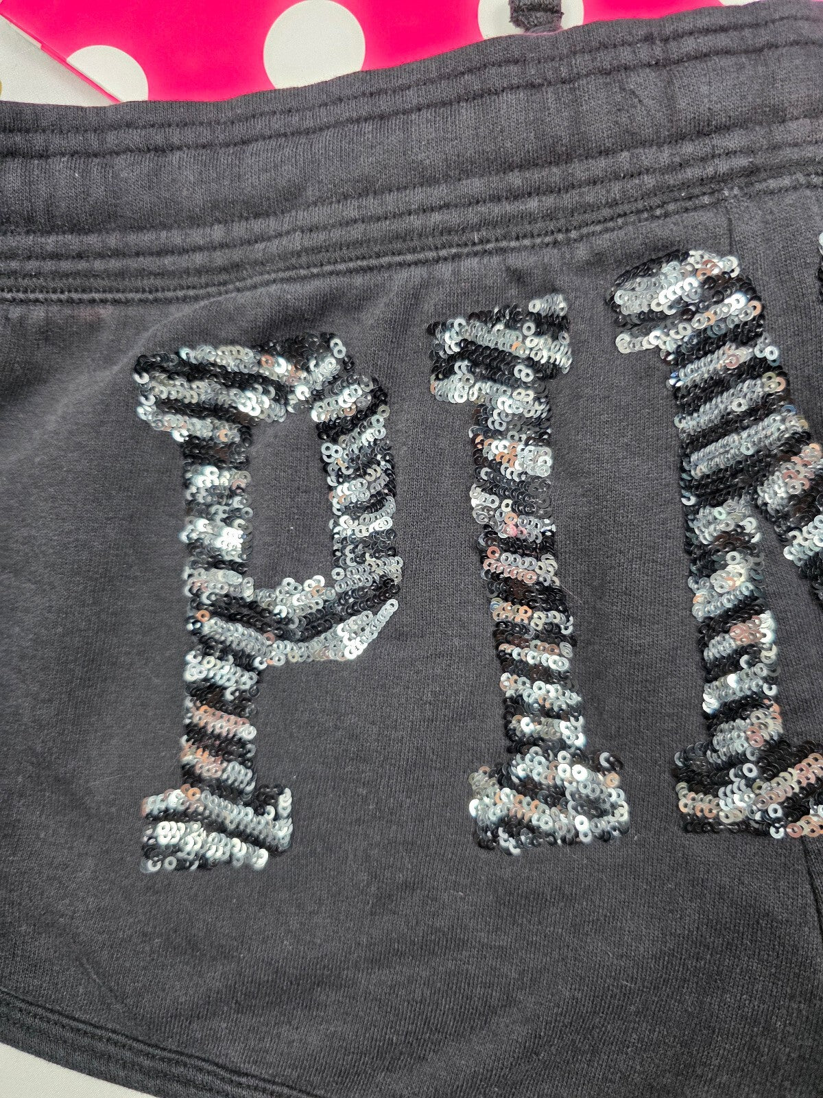Victoria's Secret PINK Sequin Logo Shorts Black SMALL zebra Bling Lounge Y2K