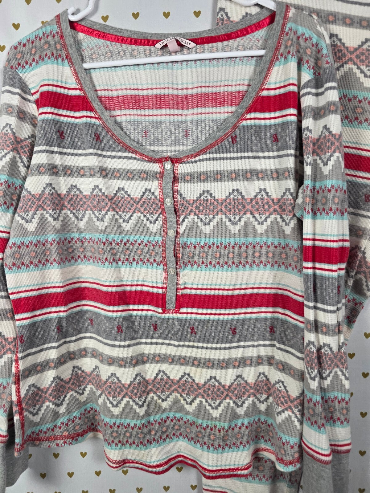 Victorias Secret geometric Thermal Waffle Sleep Set Henley Tapered Pants XL