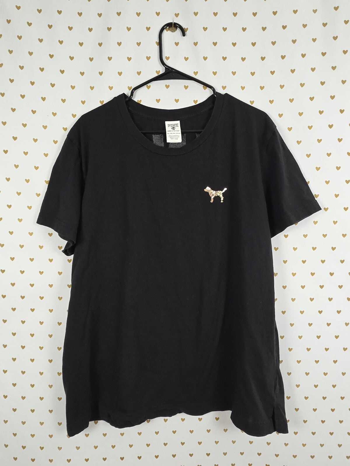 Victorias Secret PINK Black Gold Bling Logo Tee shirt Crest Sequined XXL 2XL