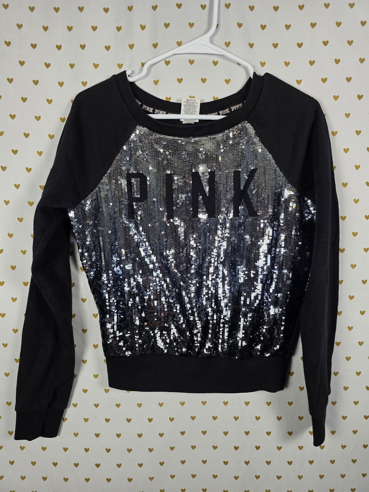 Victorias Secret Pink Full Bling Logo raglan Sequined Sweater Crew Small