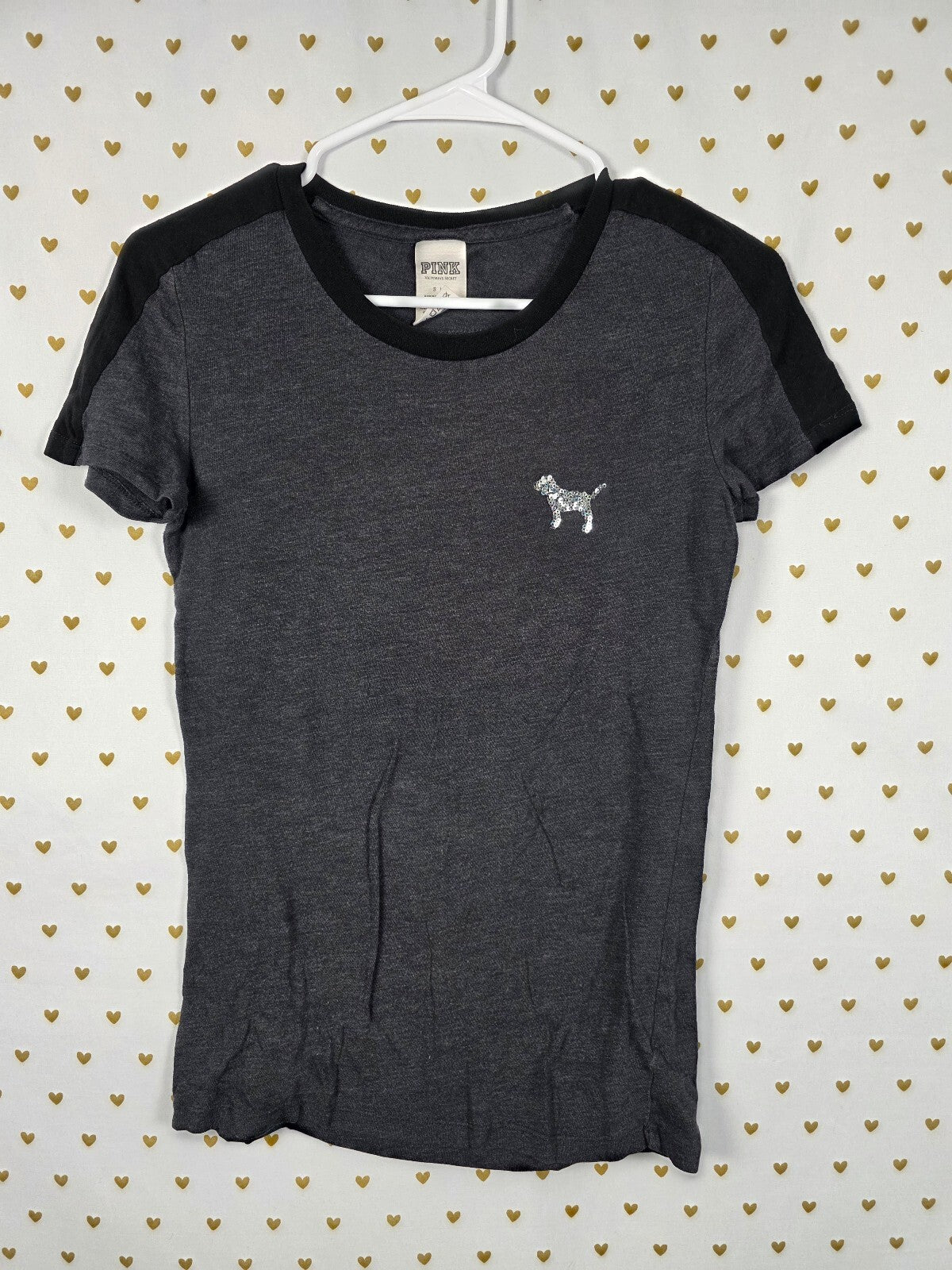 Victorias Secret PINK BLING Sequined Crest Logo tee Shirt SMALL