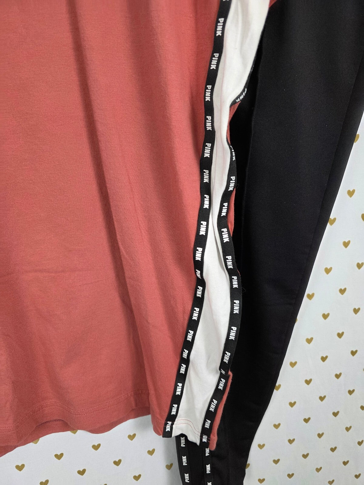 Victorias Secret PINK Logo Stripe SET 2pc Outfit Tee shirt Track Pants SM MED