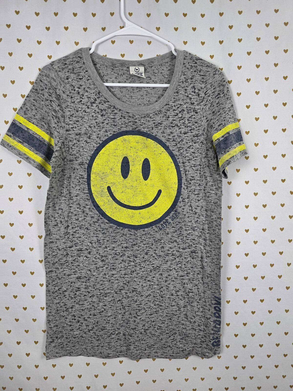 Victoria's Secret PINK Love Pink Smiley Face Burnout T Shirt Gray Yellow L