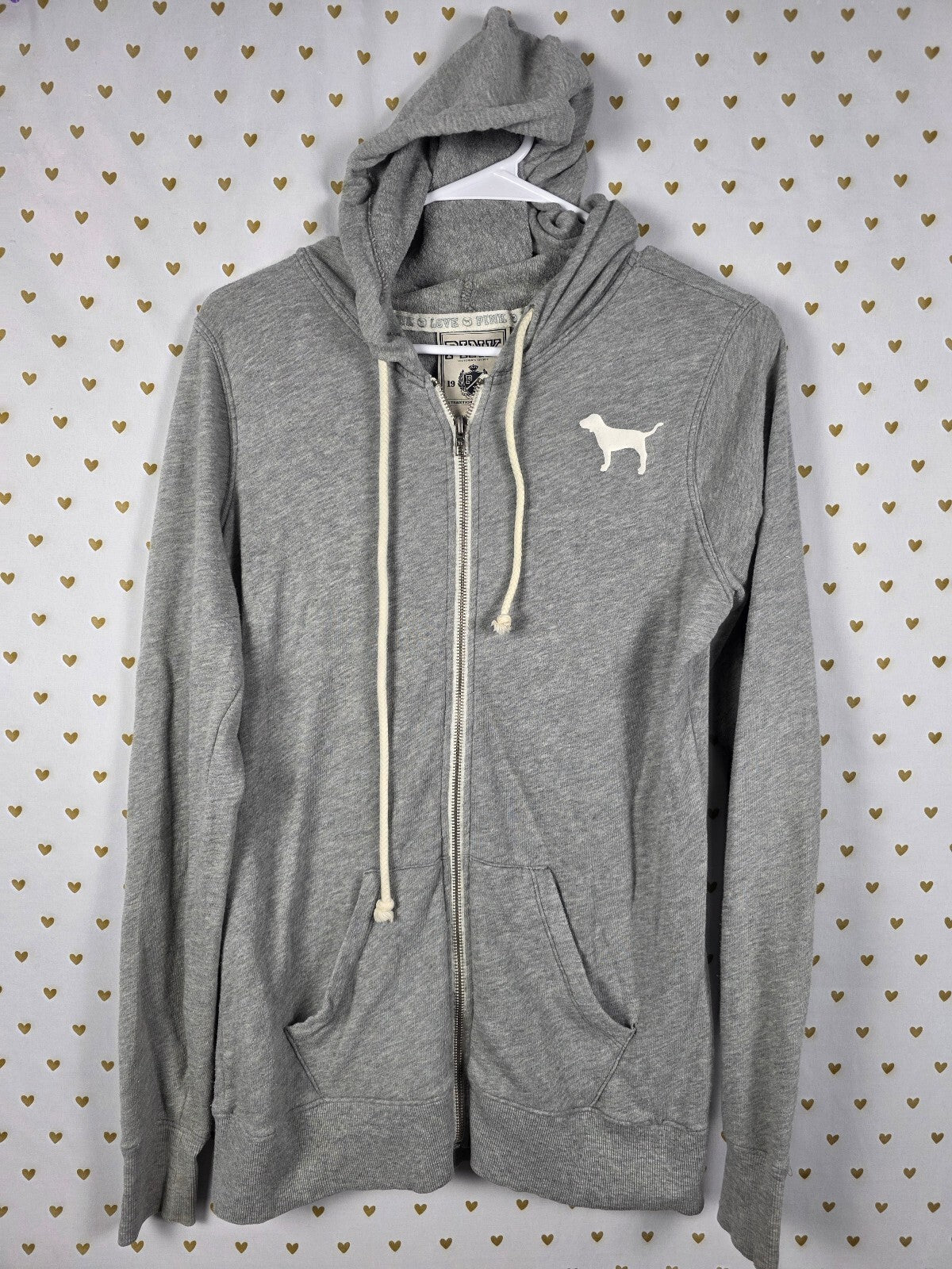 Victorias Secret Pink Embroidered Vintage Y2k Full zip Grey Hoodie Sweater S