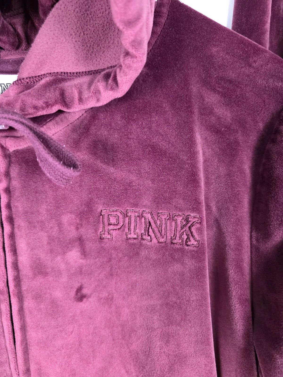 Victorias Secret Pink Velour Maroon Hoodie Jacket Sweats SET 2pc SMALL MED