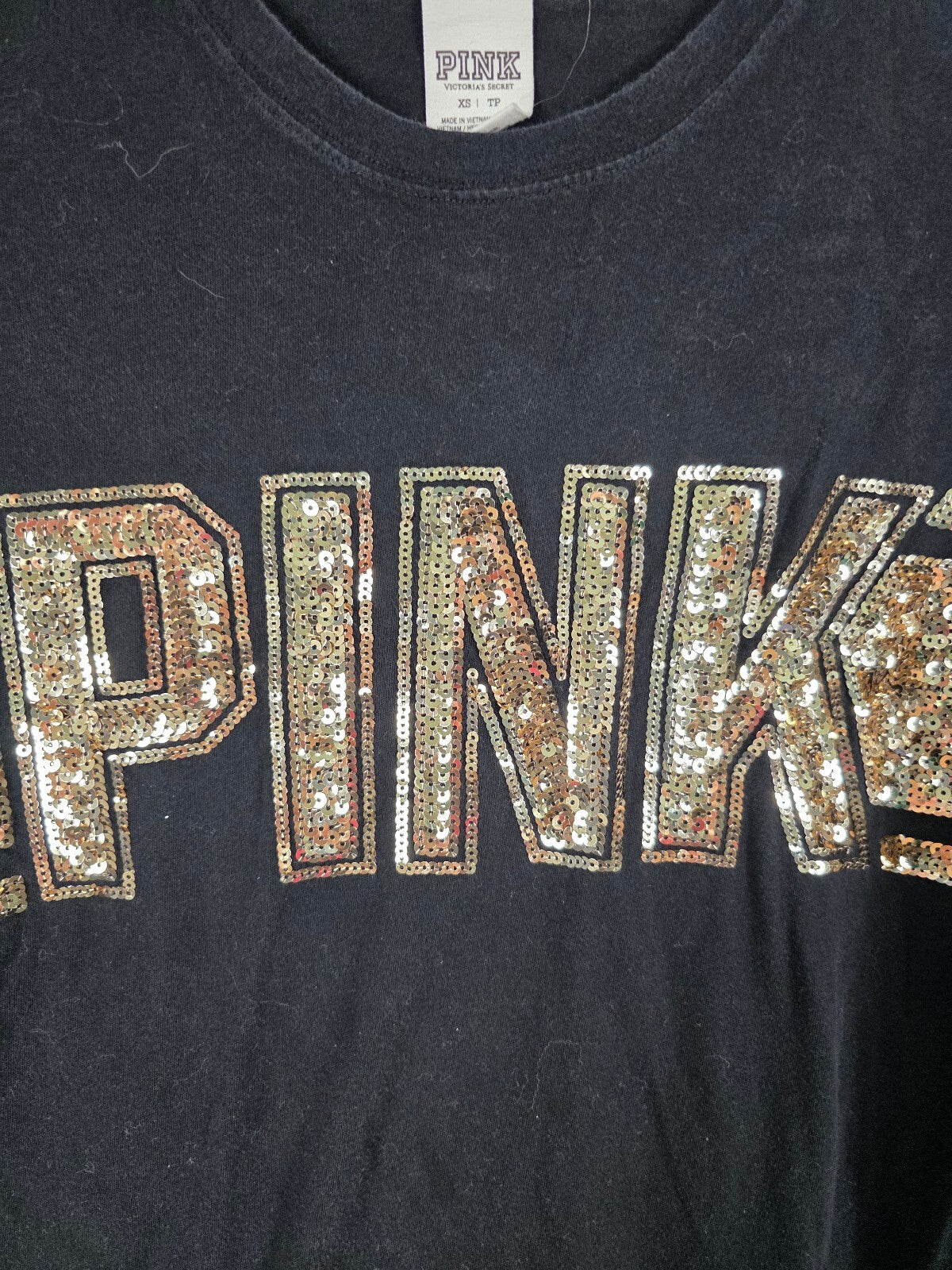 Victorias Secret PINK BLING Gold Sequin Logo Tee shirt XS Oversized
