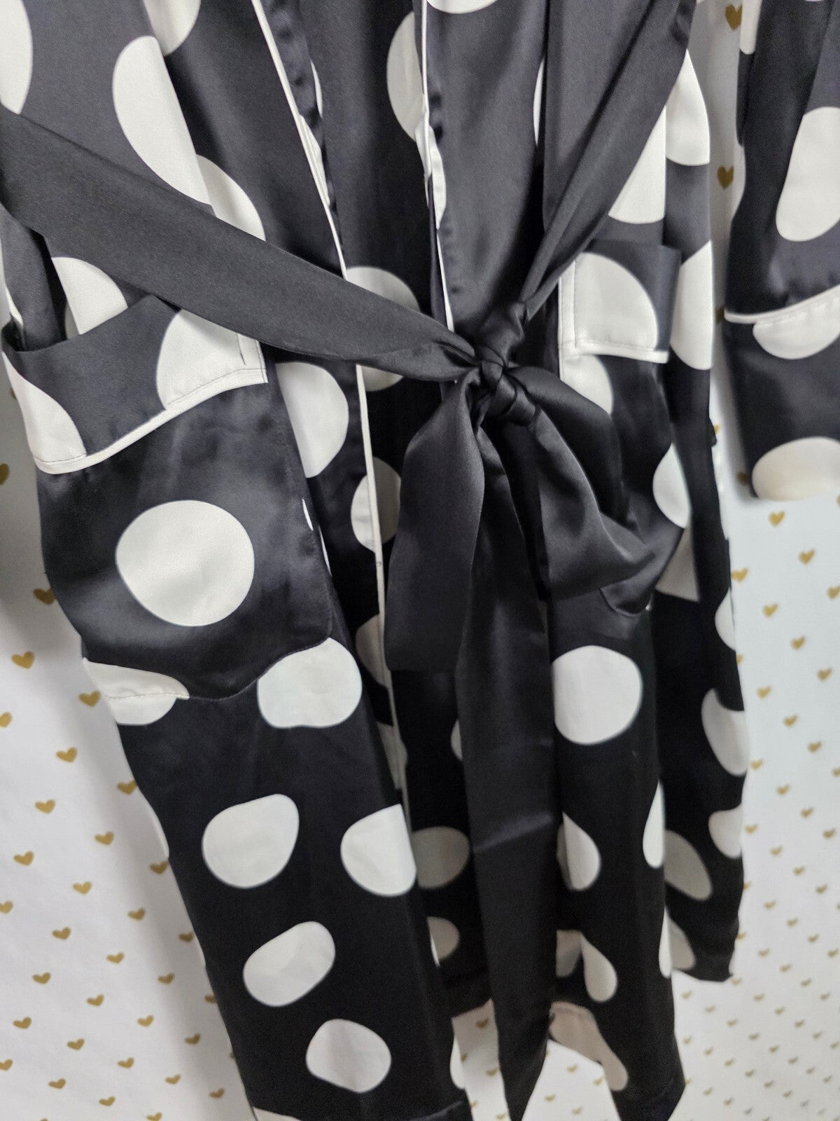 Victoria's Secret Satin Robe M Black White Polka Dot Kimono Belted Pajamas