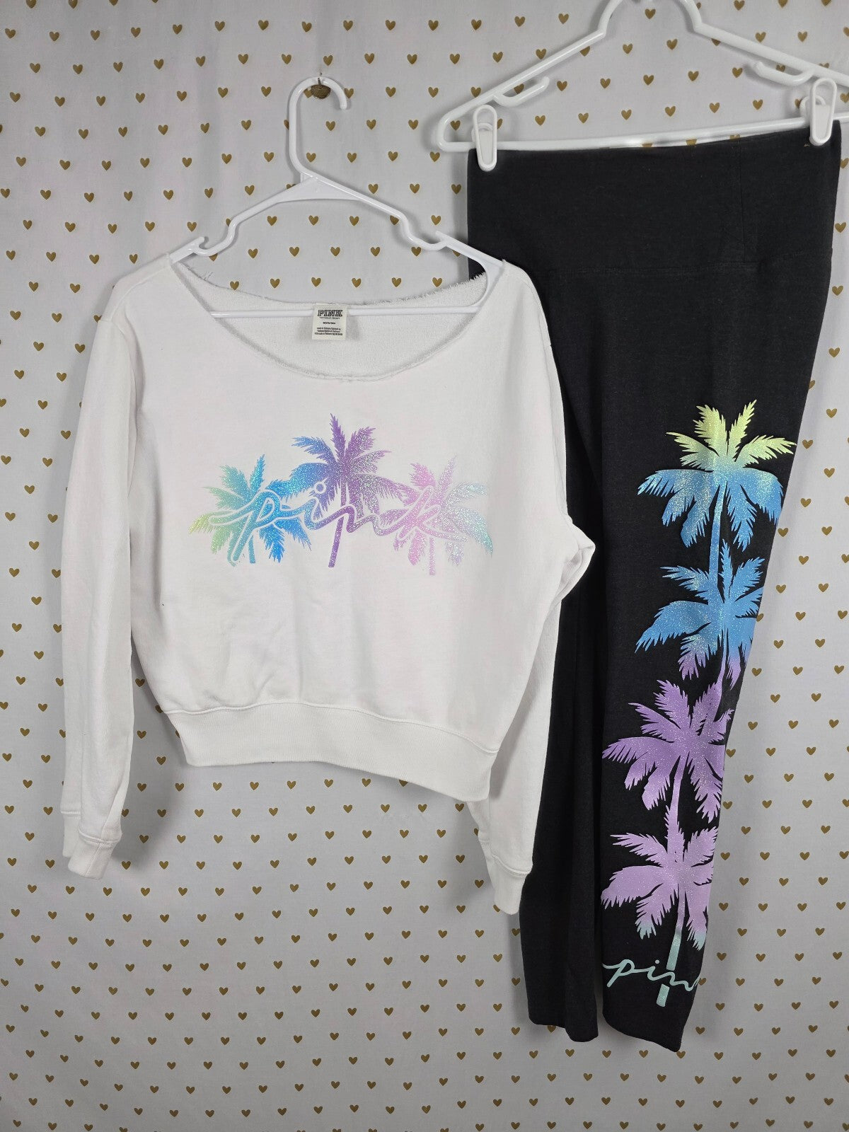 Victorias Secret Pink Glitter Bling Palm Slouchy Sweater Shirt Yoga Pants Medium