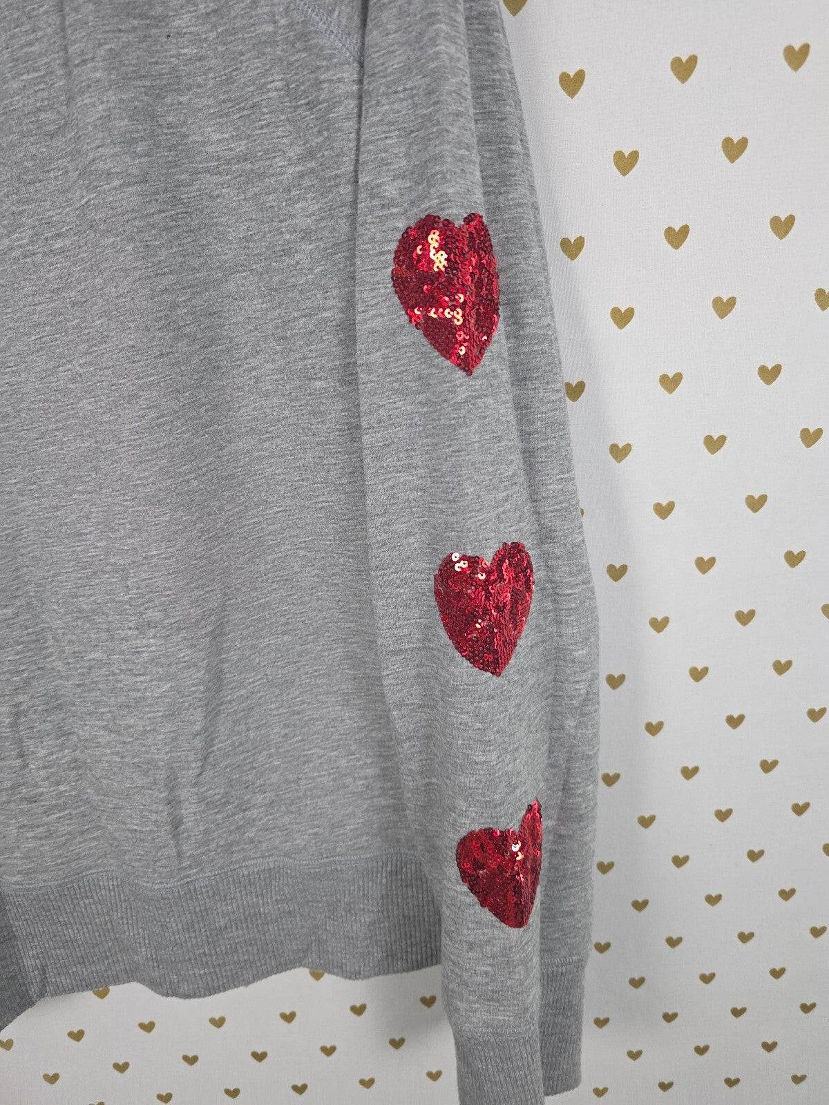 Victorias Secret Pink BLING Sequined HEARTS Sweater Shirt Super Soft Grey XL
