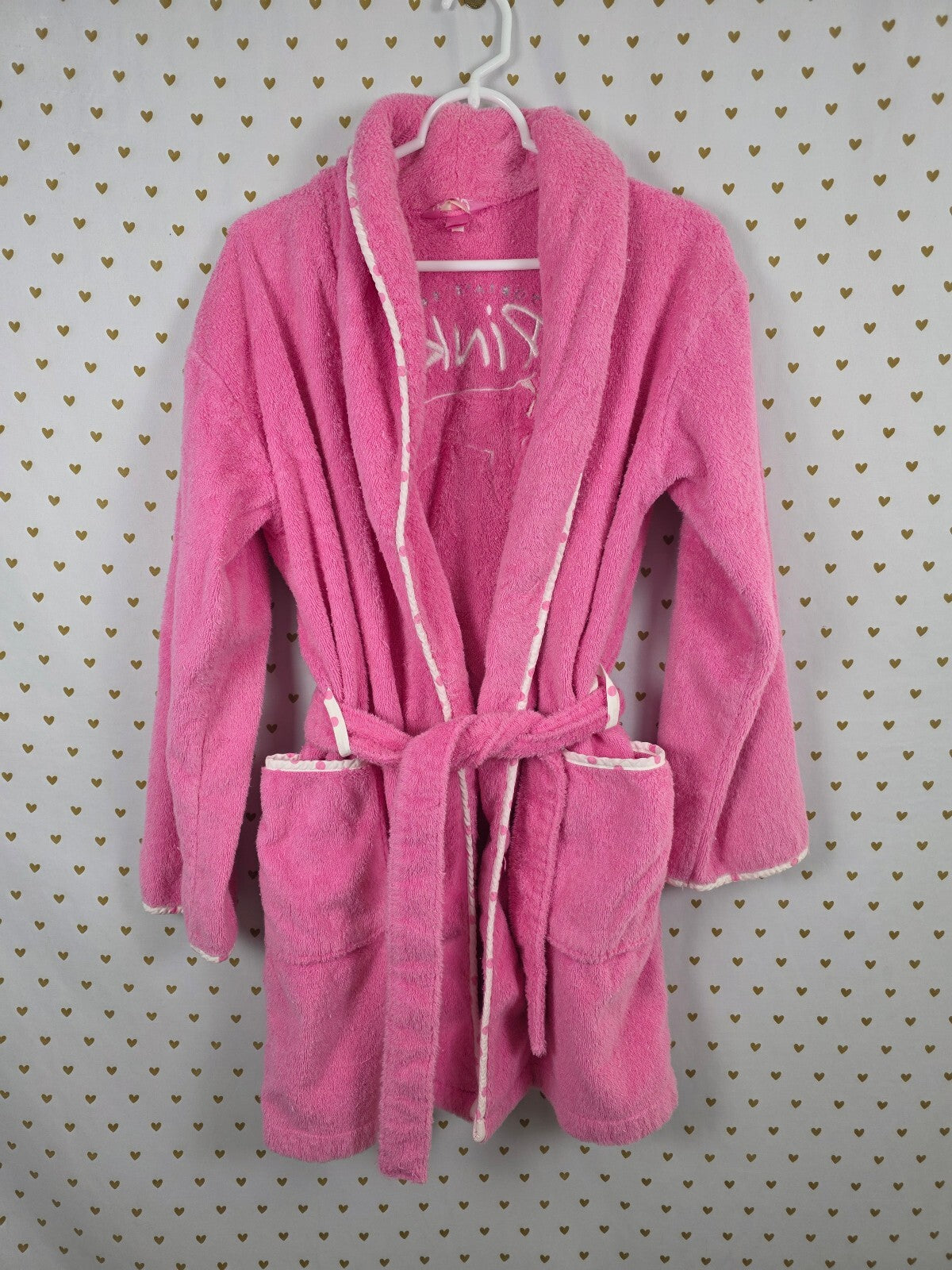 Victoria's Secret PINK Plush Terry Robe White Pink Polka Dot Dog XS SMALL 2004