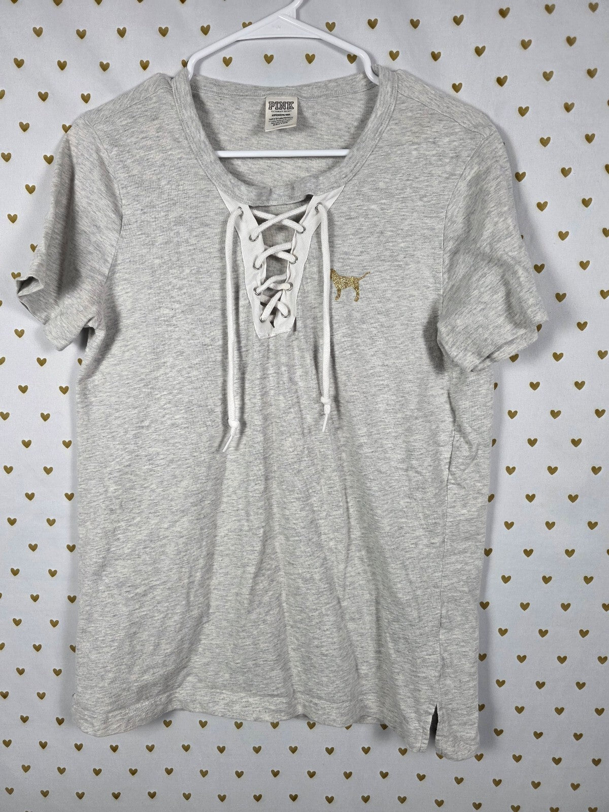 Victorias Secret PINK BLING GOLD Glitter dog logo lace front tee shirt SMALL