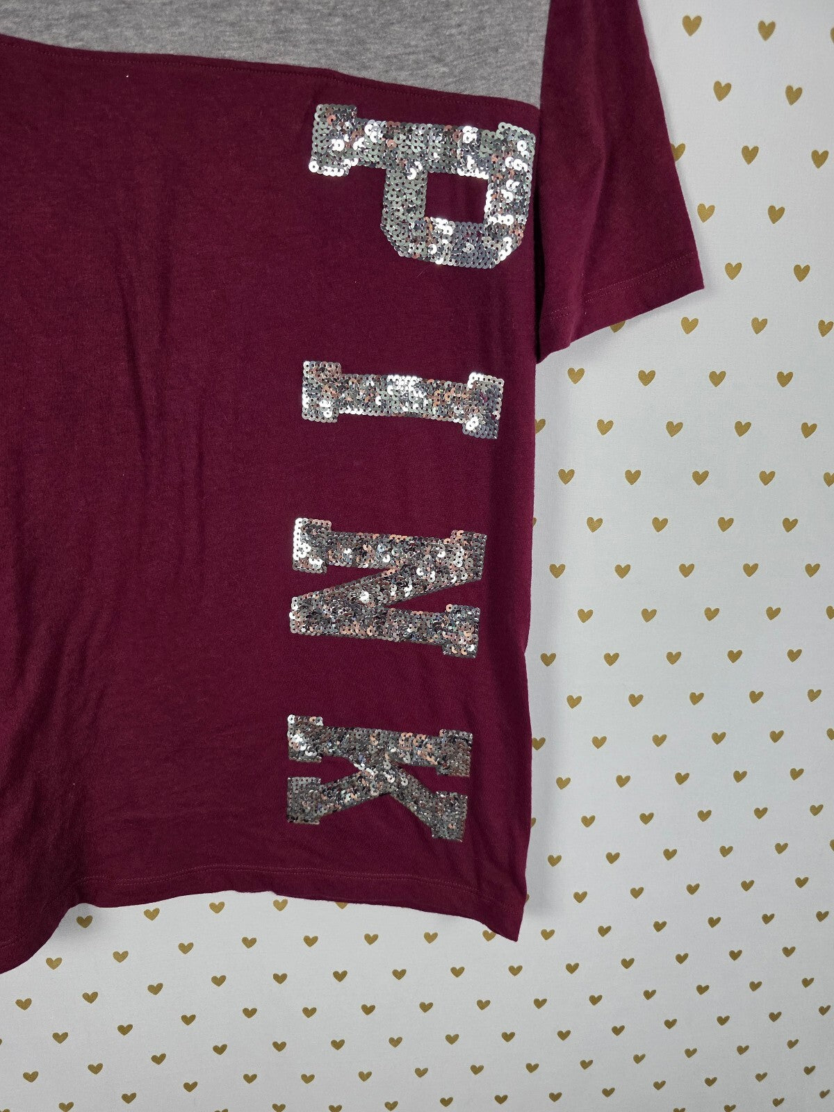Victorias Secret PINK BLING Sequin Colorblock Maroon Tee shirt Large